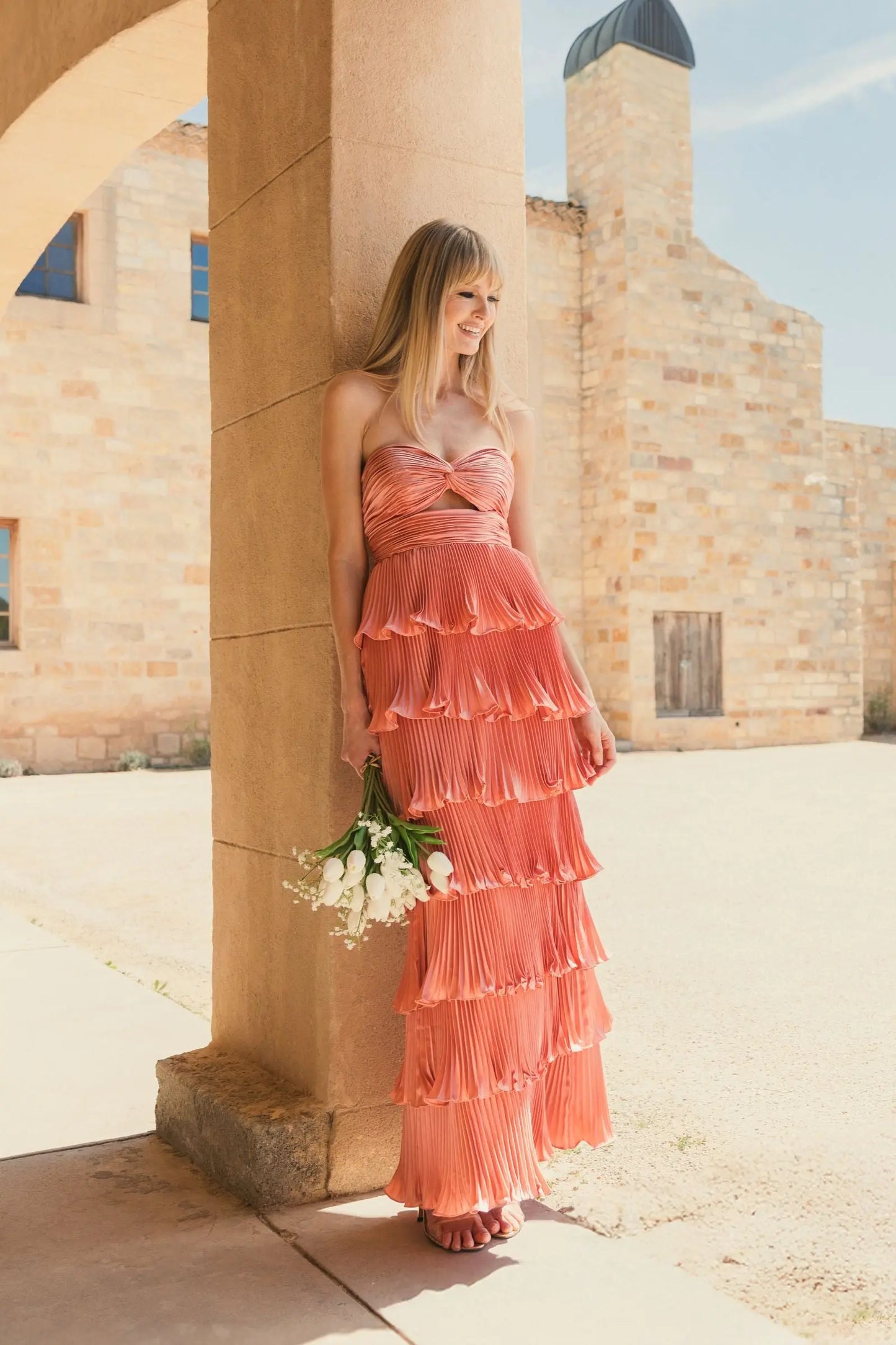Petite Pleated Charmeuse Strapless Tiered Ruffle Gown