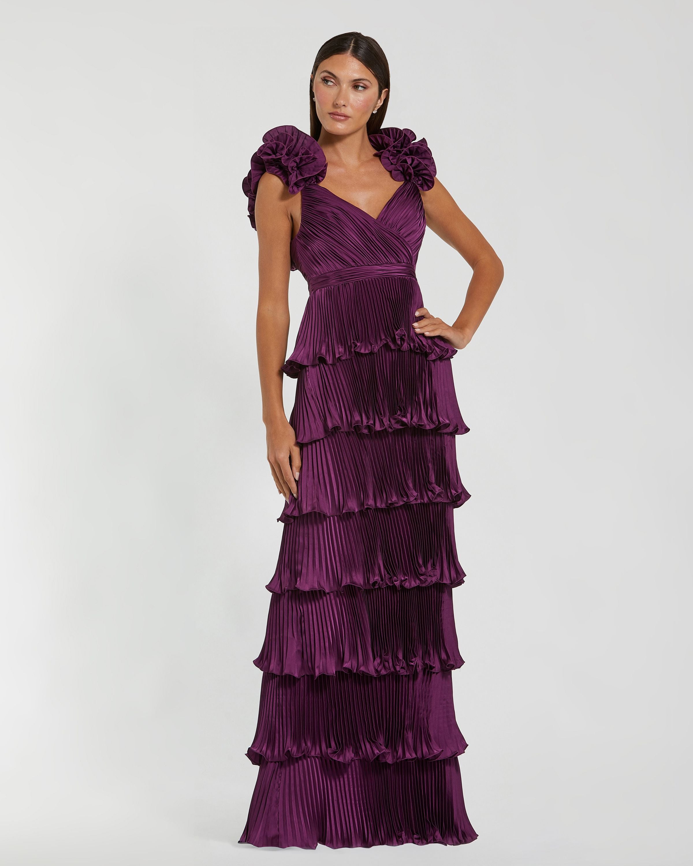 Purple Pleated Charmeuse Tiered Gown With Ruffle Straps