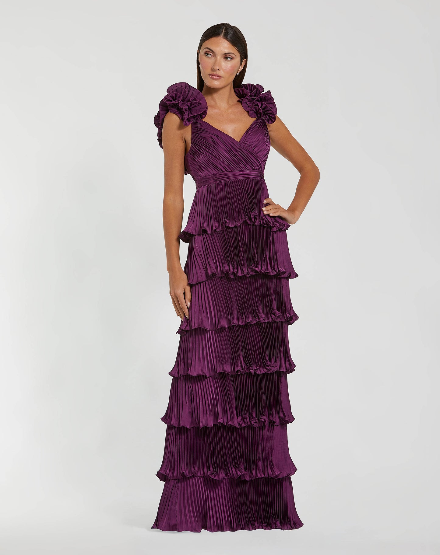 Purple Pleated Charmeuse Tiered Gown With Ruffle Straps Ieena for Mac Duggal