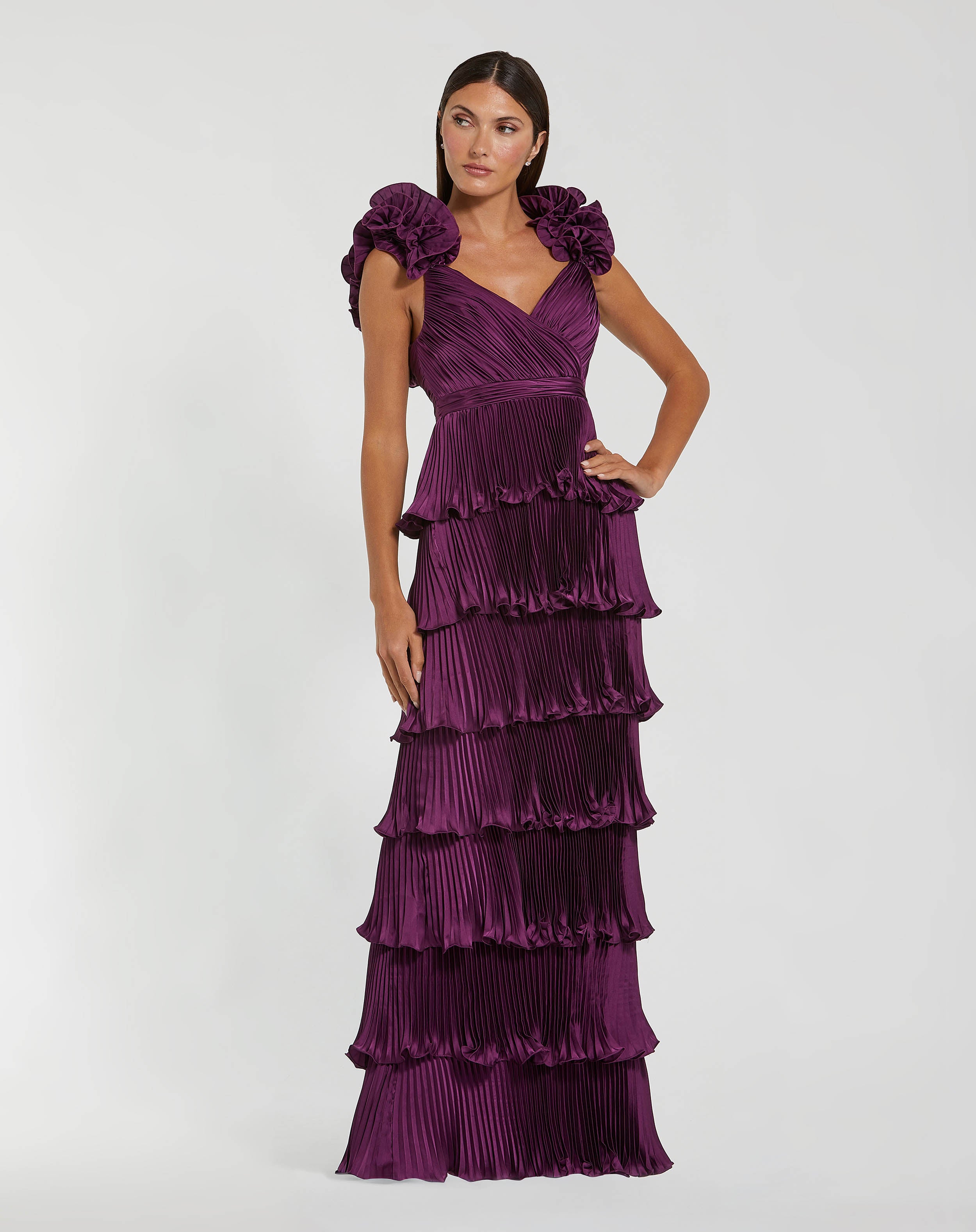 Purple Pleated Charmeuse Tiered Gown With Ruffle Straps Ieena for Mac Duggal