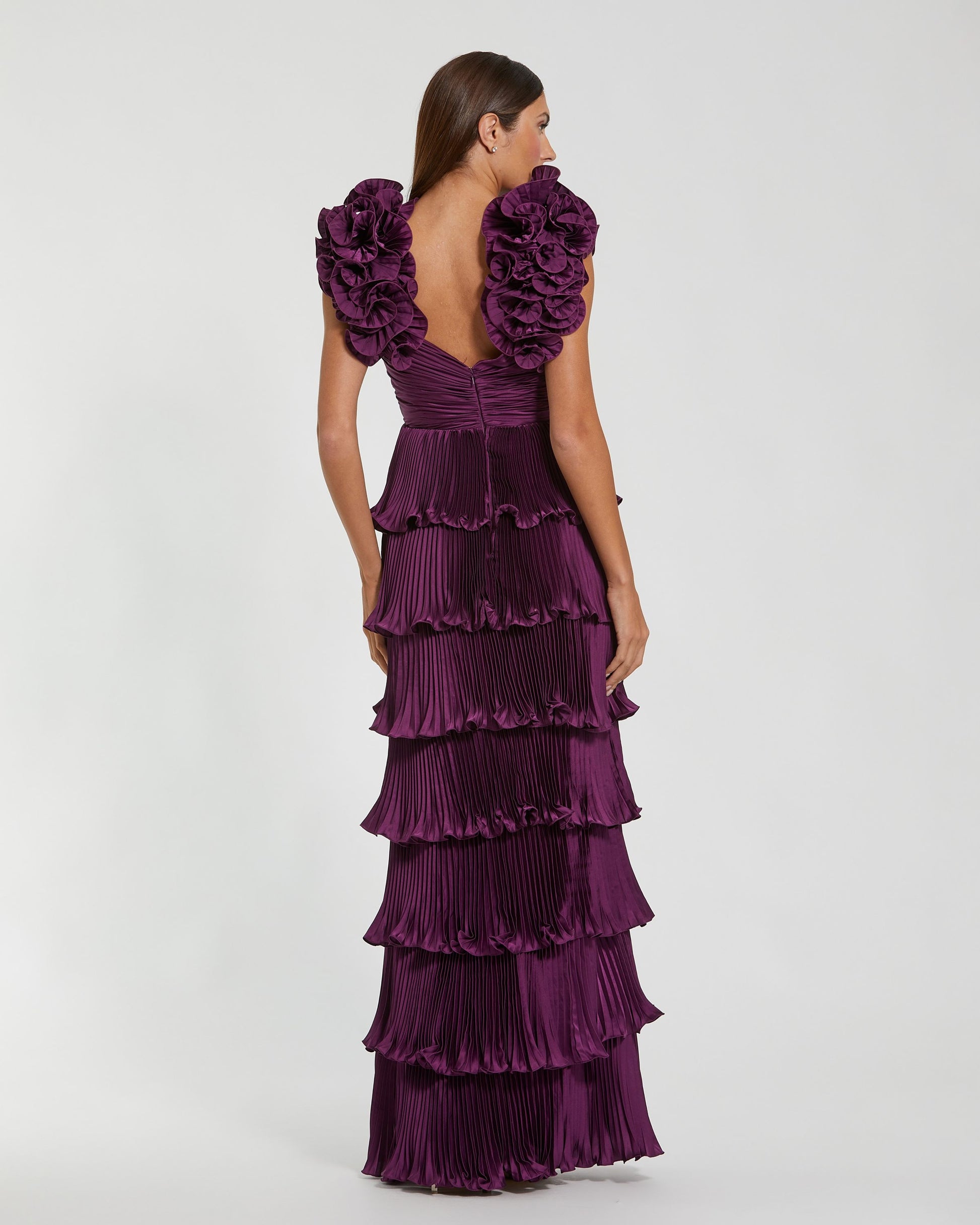 Purple Pleated Charmeuse Tiered Gown With Ruffle Straps Ieena for Mac Duggal