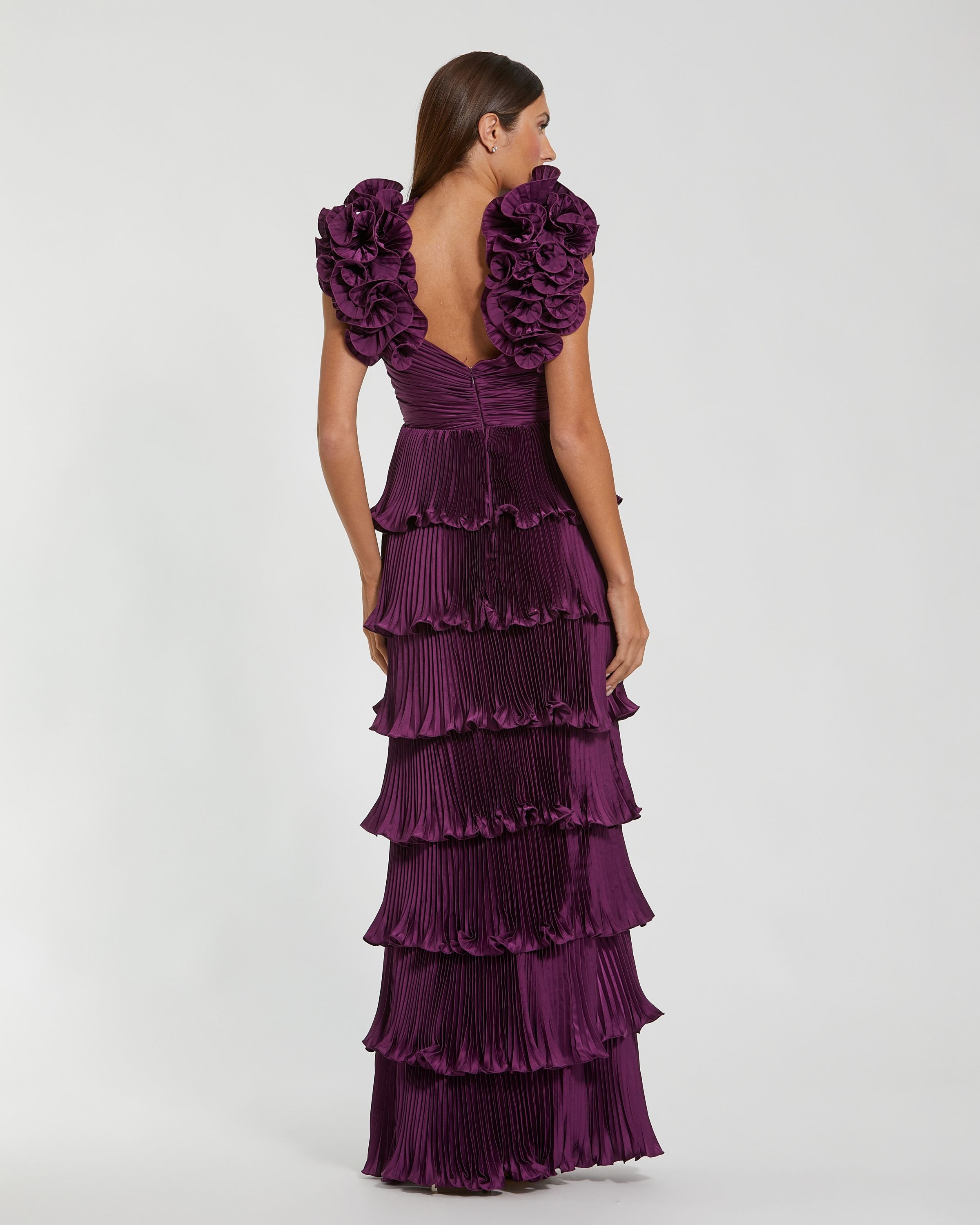Purple Pleated Charmeuse Tiered Gown With Ruffle Straps Ieena for Mac Duggal
