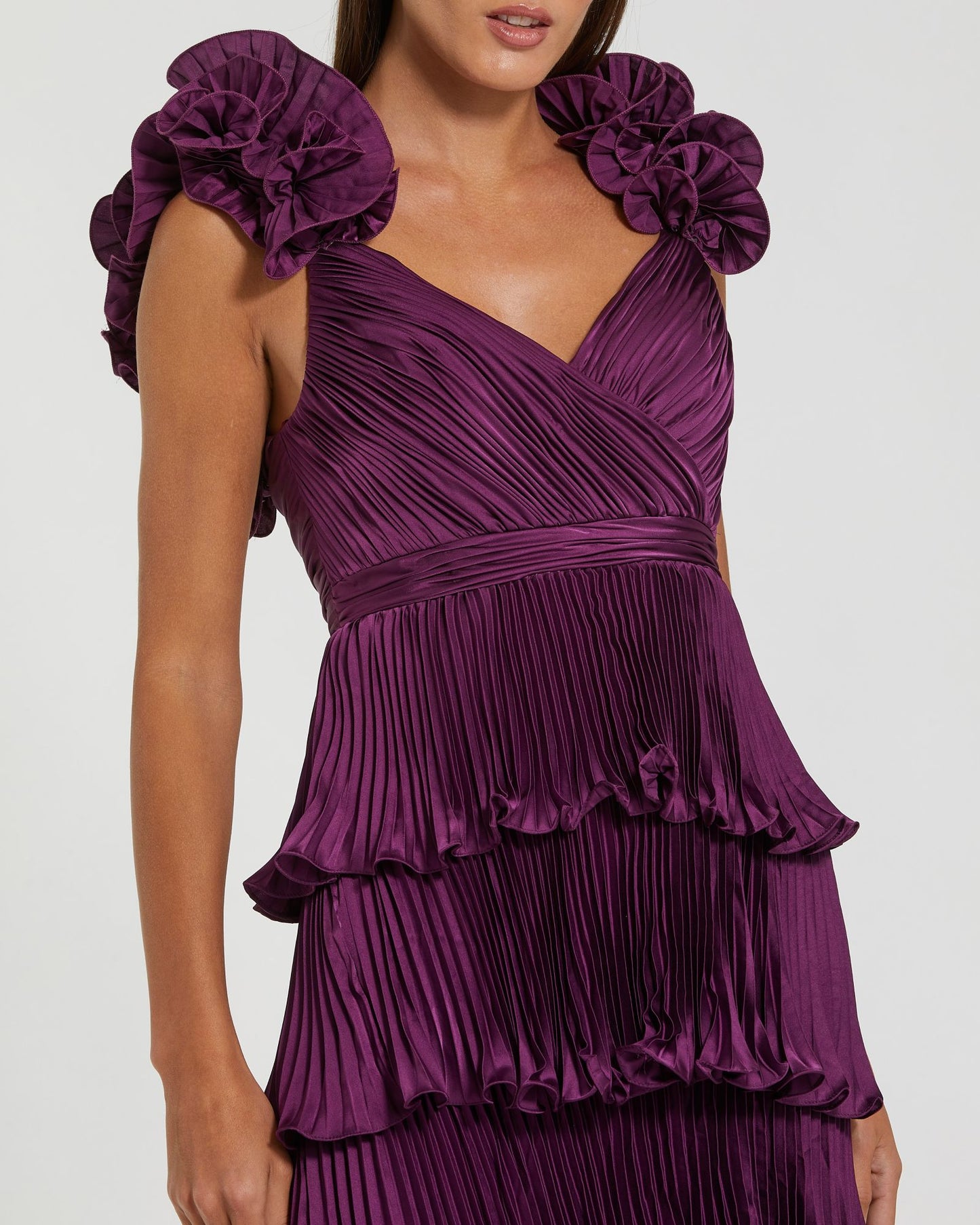 Purple Pleated Charmeuse Tiered Gown With Ruffle Straps Ieena for Mac Duggal