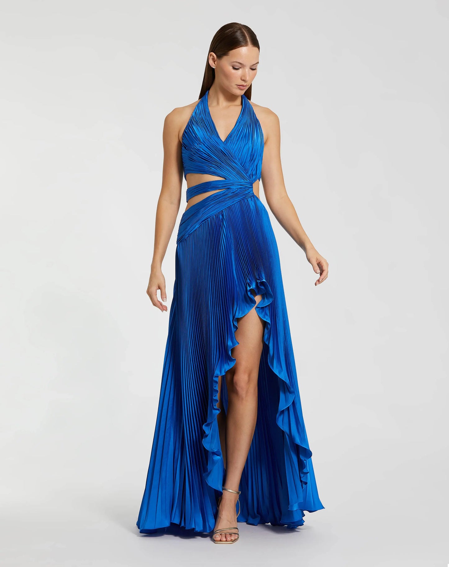 Blue Halter Neck Pleated Charmeuse Cut Out Gown