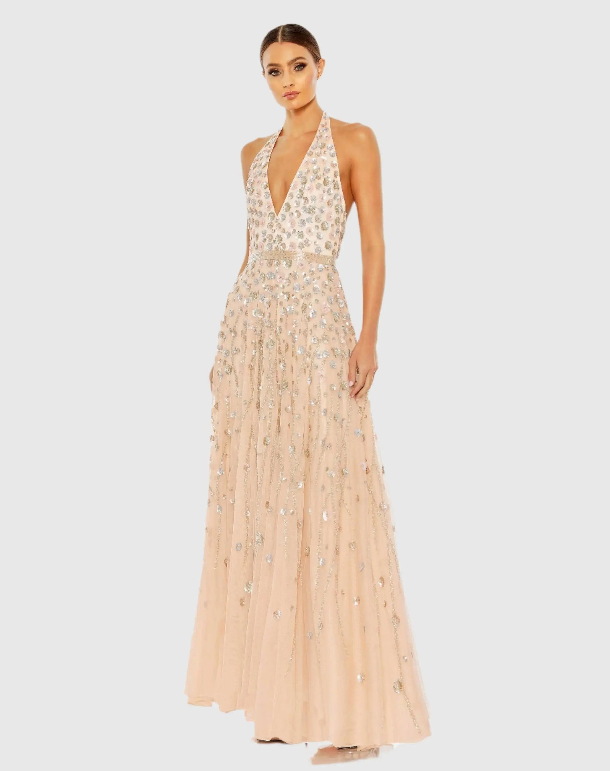 Floral Embellished Halter Strap A Line Gown - Blush