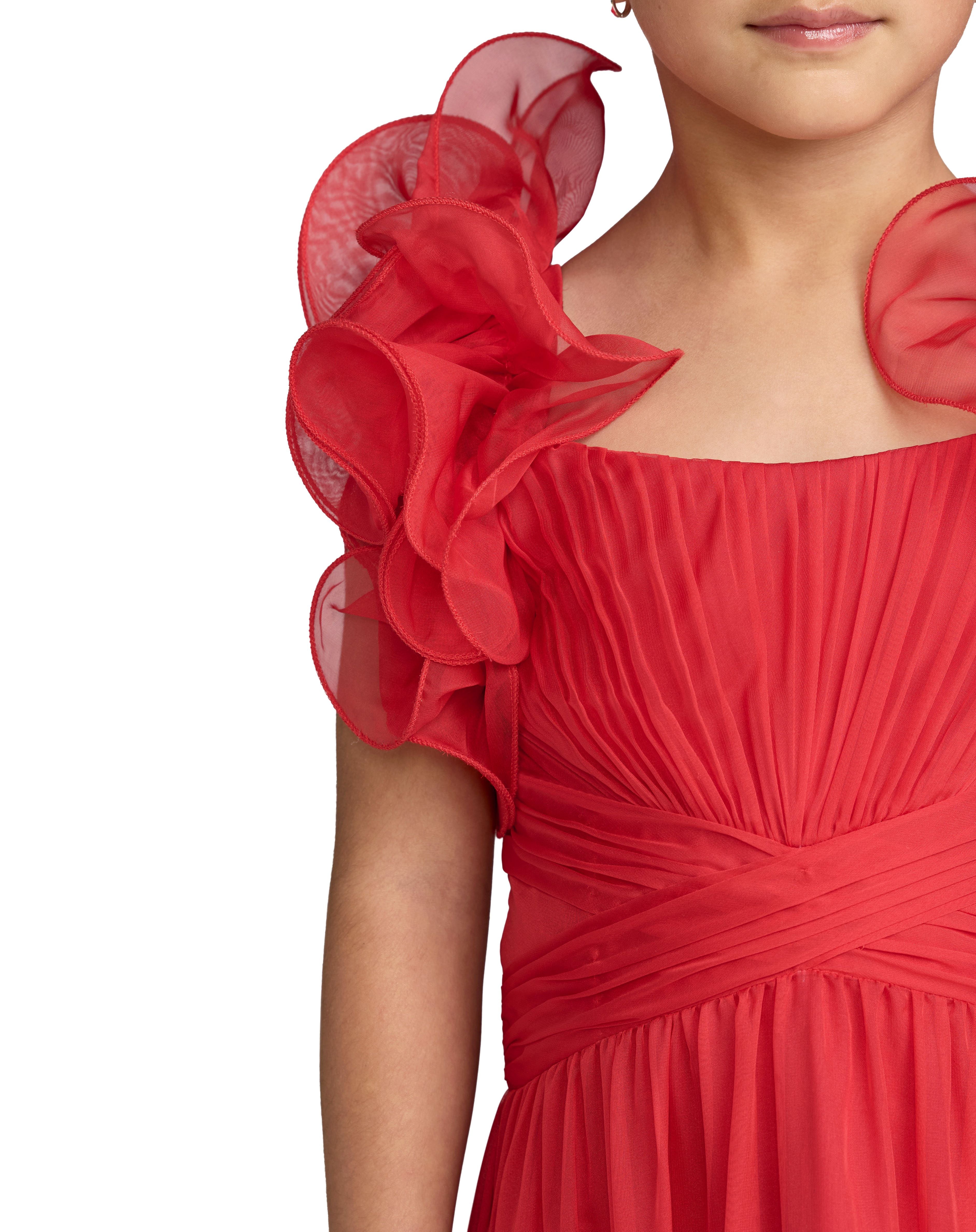 Children's Ruffle Shoulder Chiffon Gown - Red,0