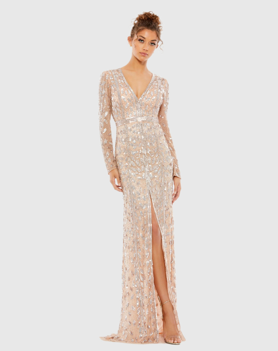 Embellished Front Slit Long Sleeve Gown