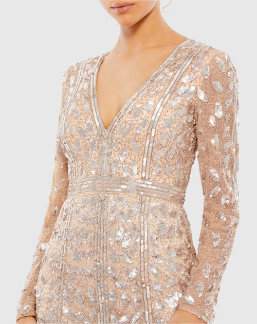 Embellished Front Slit Long Sleeve Gown