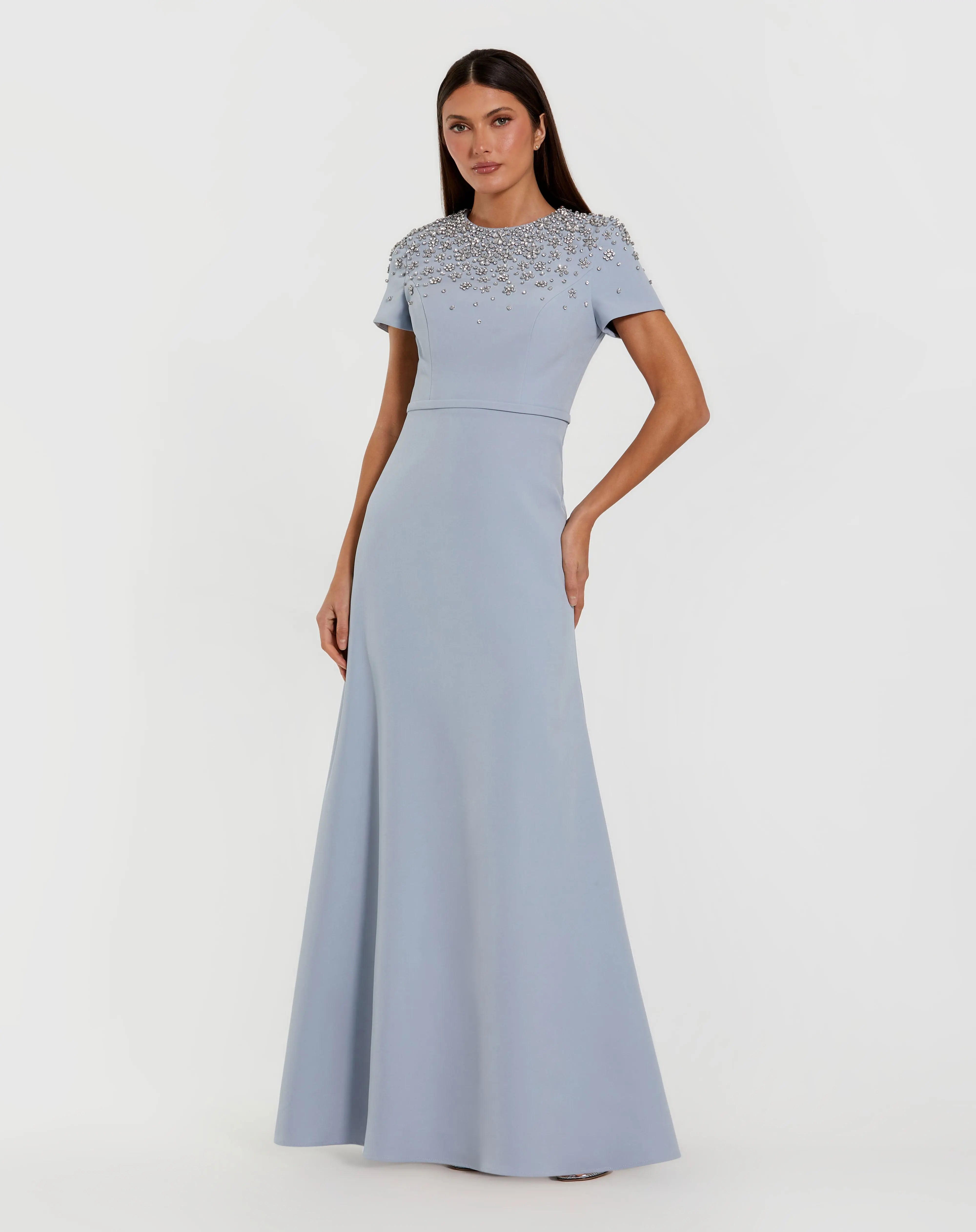 Blue High Neck Rhinestone Embellished Crepe Gown - Mac Duggal