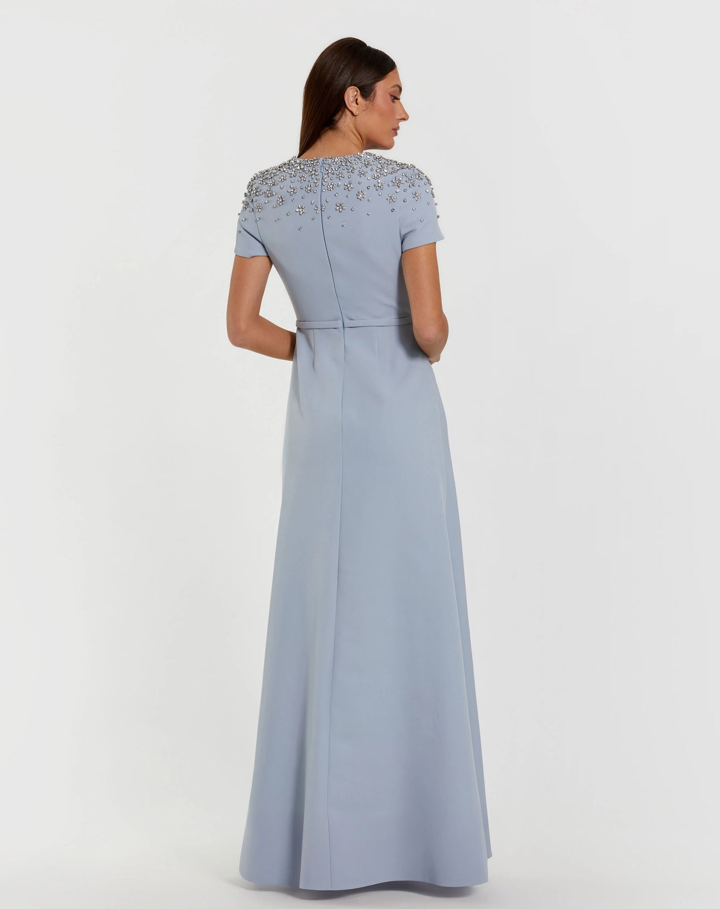 Blue High Neck Rhinestone Embellished Crepe Gown - Mac Duggal