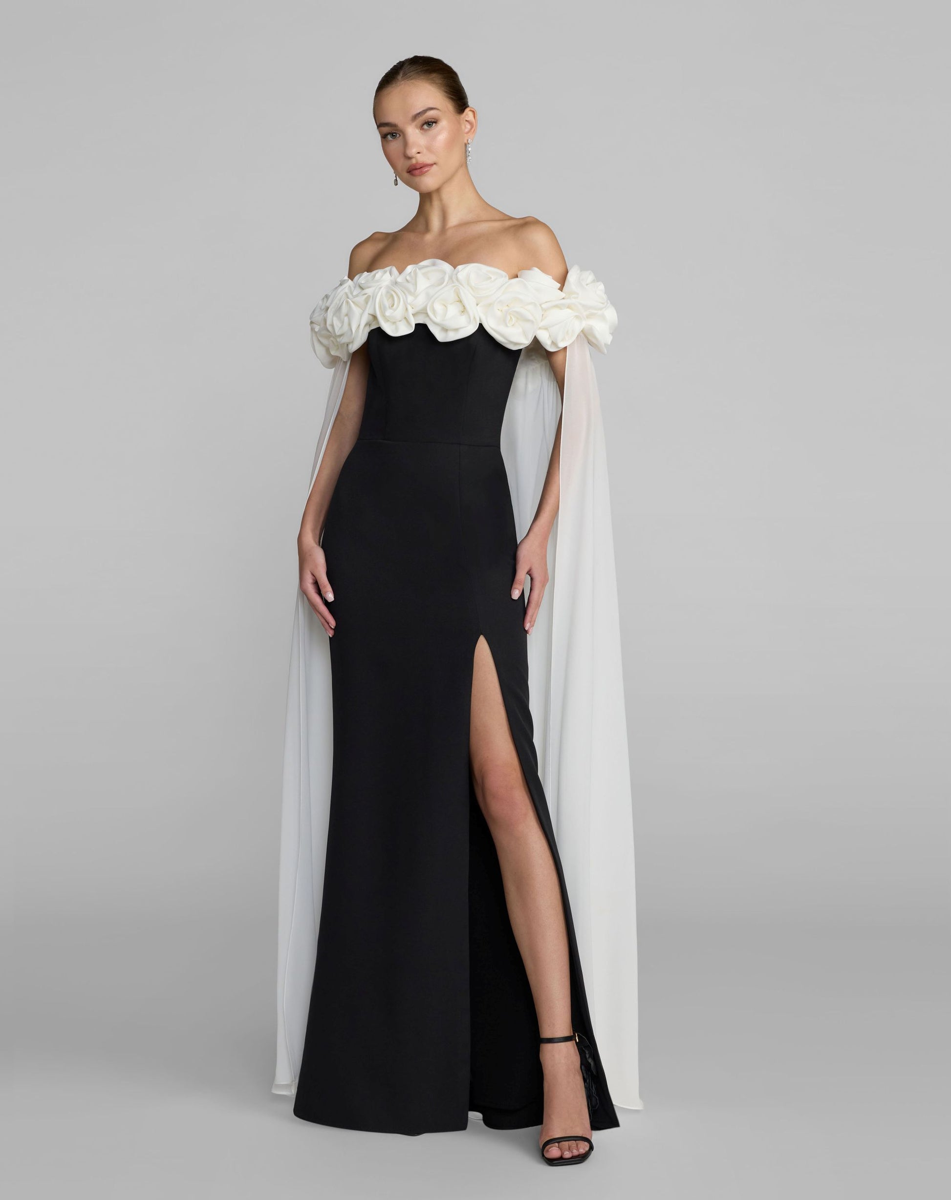 Black Off The Shoulder Crepe Gown With Chiffon Cape