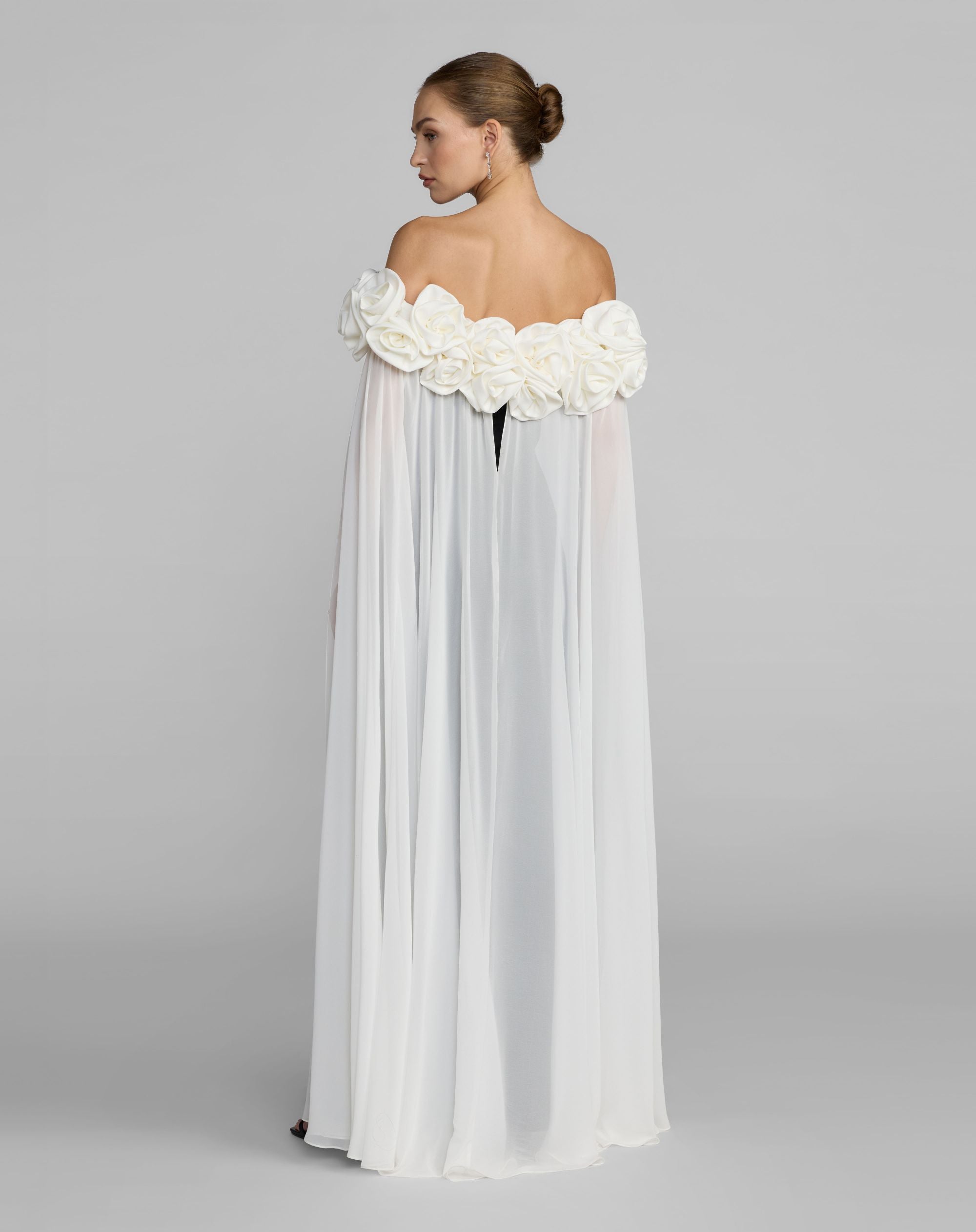 Black Off The Shoulder Crepe Gown With Chiffon Cape - Ieena for Mac Duggal