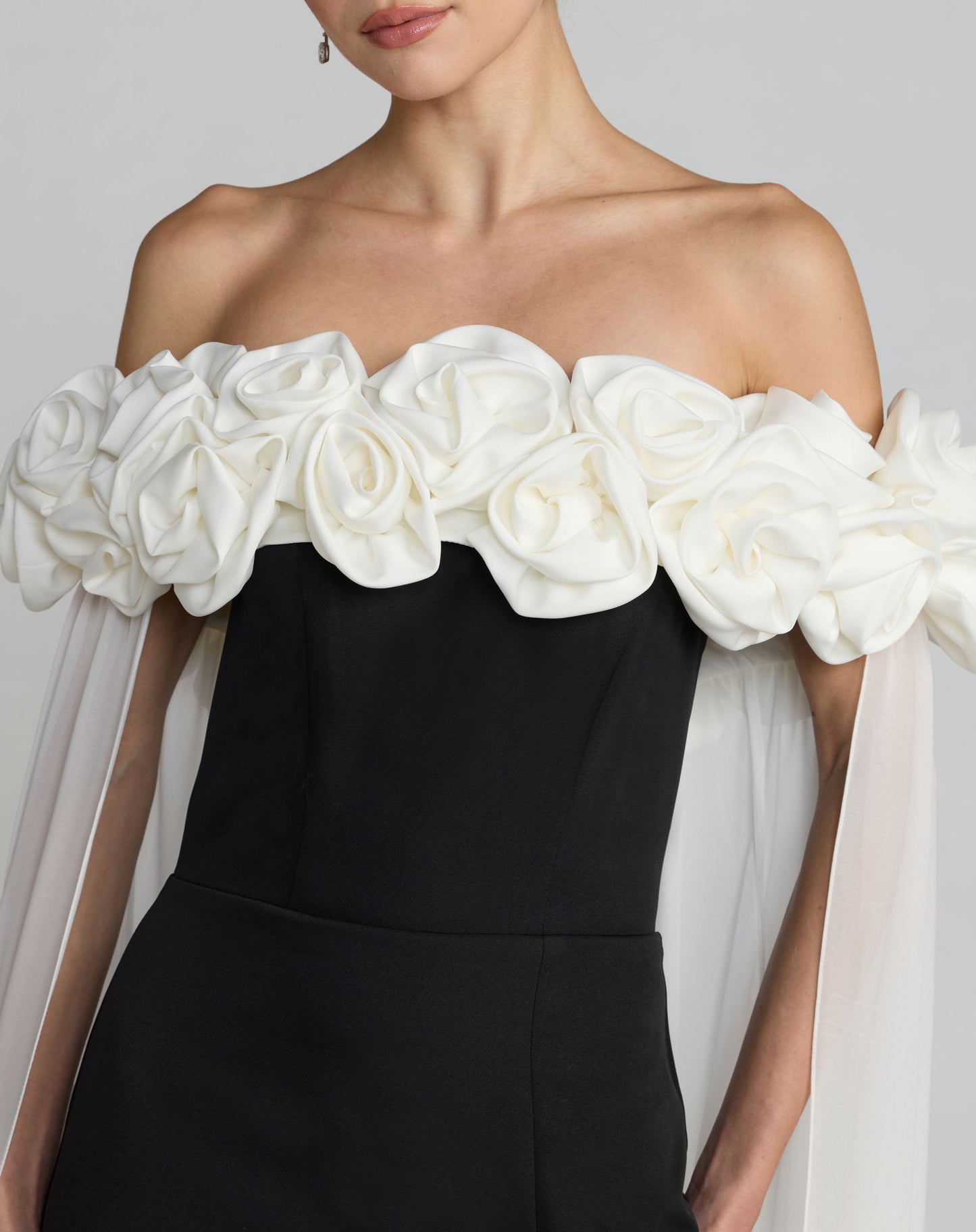Black Off The Shoulder Crepe Gown With Chiffon Cape - Ieena for Mac Duggal