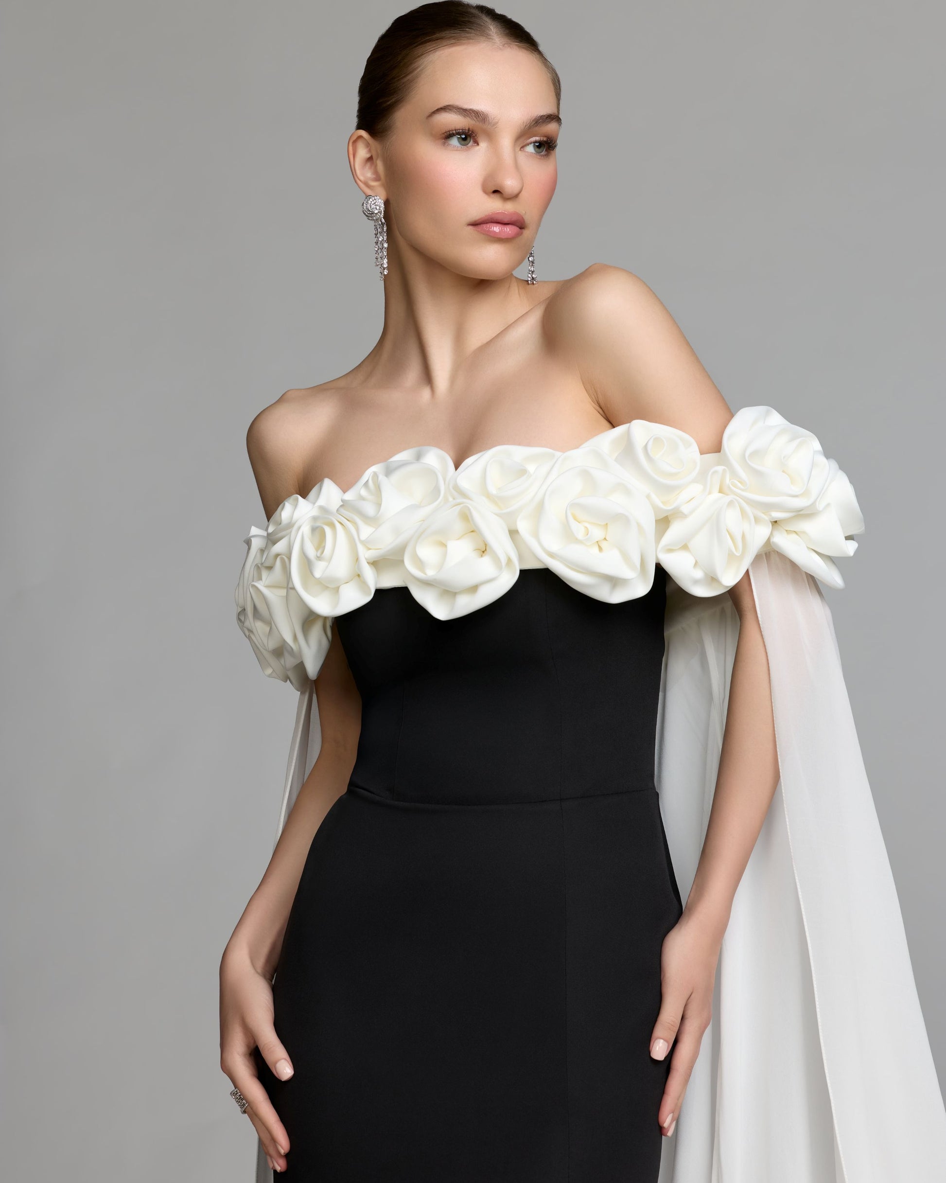Black Off The Shoulder Crepe Gown With Chiffon Cape - Ieena for Mac Duggal