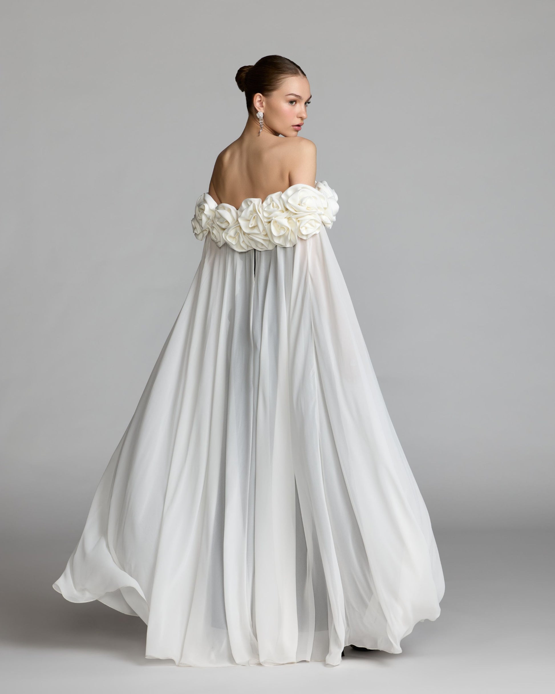 Black Off The Shoulder Crepe Gown With Chiffon Cape - Ieena for Mac Duggal