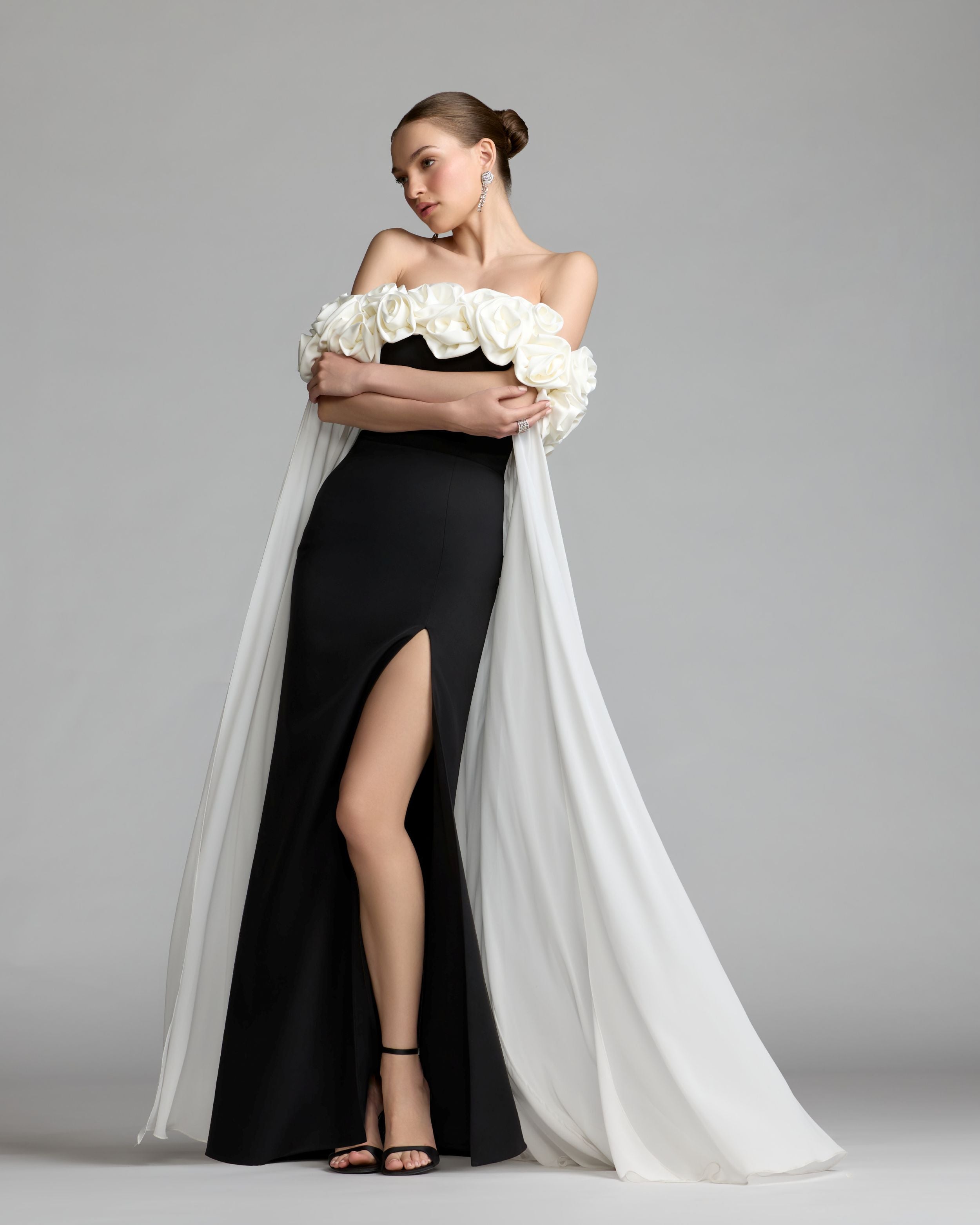 Black Off The Shoulder Crepe Gown With Chiffon Cape - Ieena for Mac Duggal