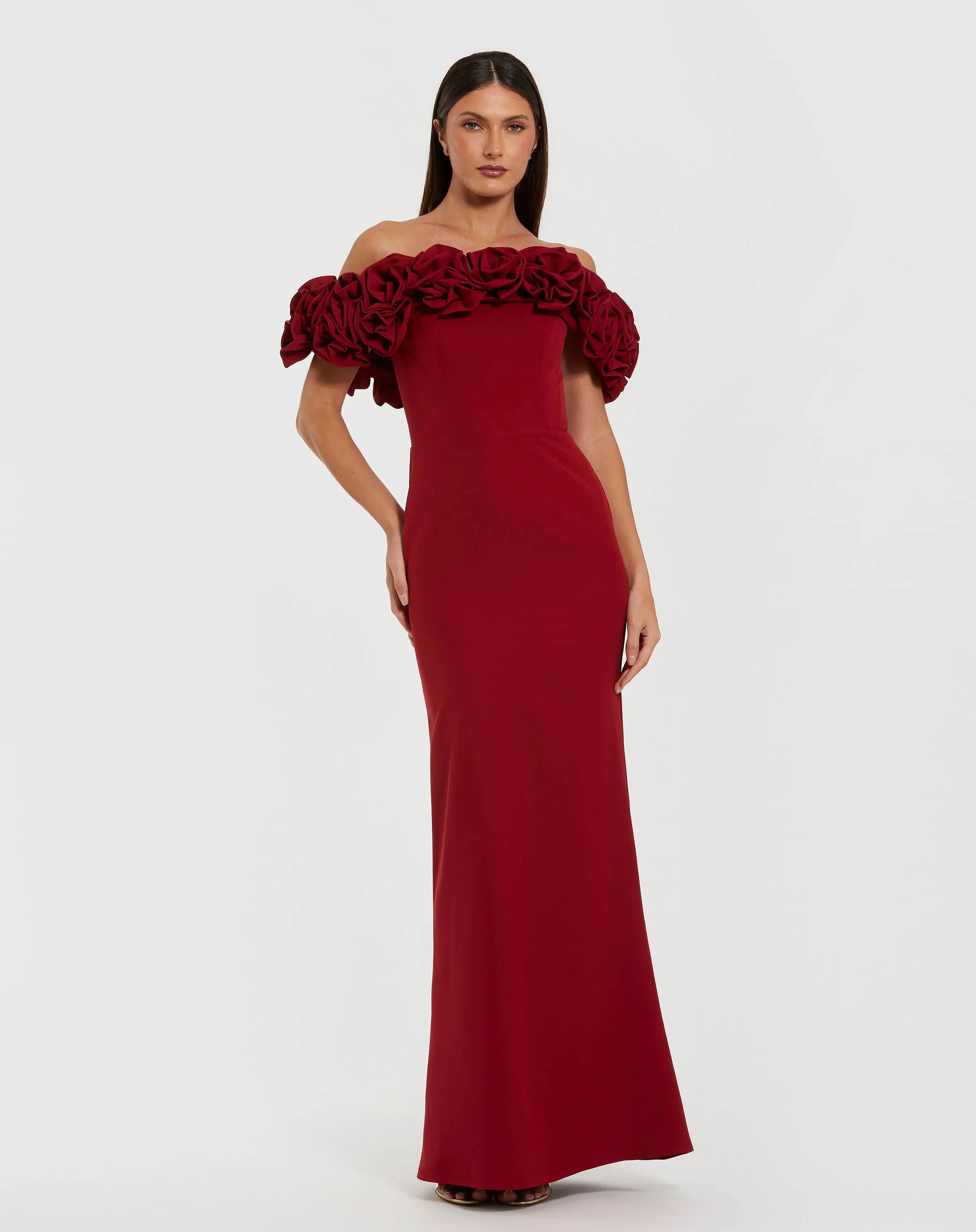 Red Crepe Off The Shoulder Column Gown With 3D Roses - Mac Duggal
