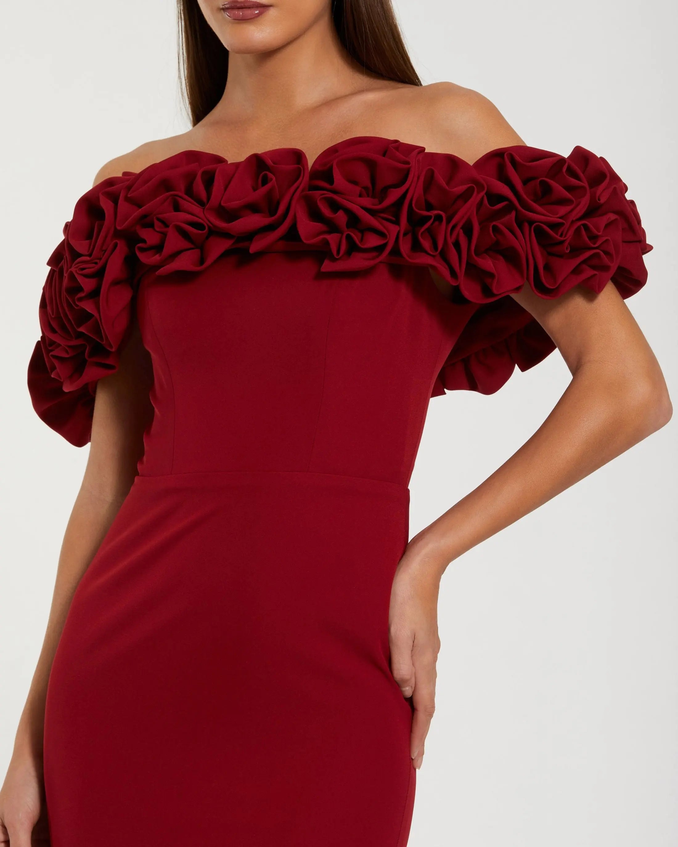 Red Crepe Off The Shoulder Column Gown With 3D Roses Ieena for Mac Duggal