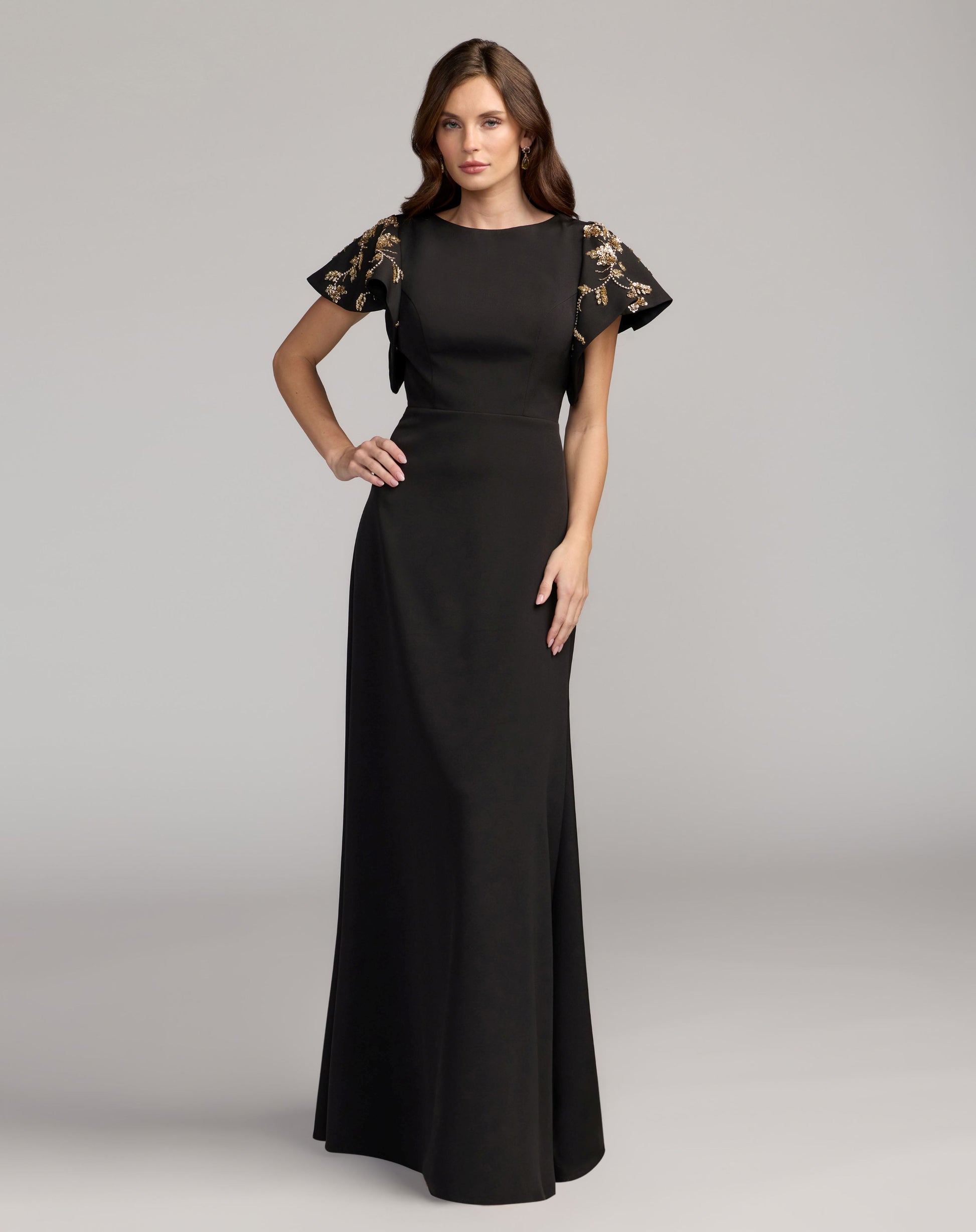 Black Embellished Flutter Sleeve Crepe Gown - Ieena for Mac Duggal