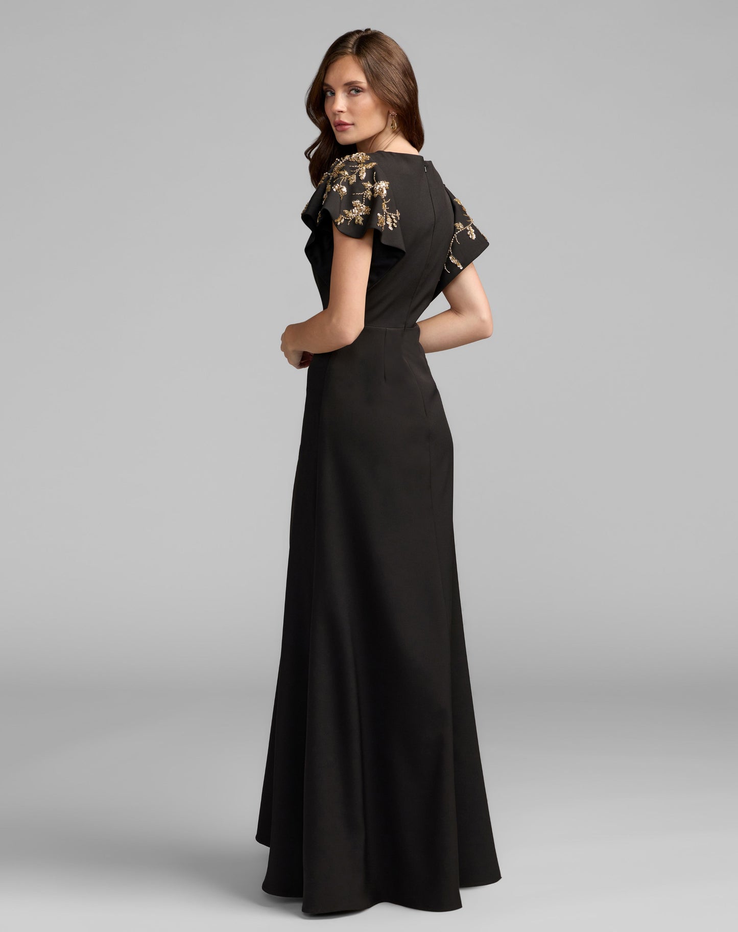 Black Embellished Flutter Sleeve Crepe Gown - Ieena for Mac Duggal