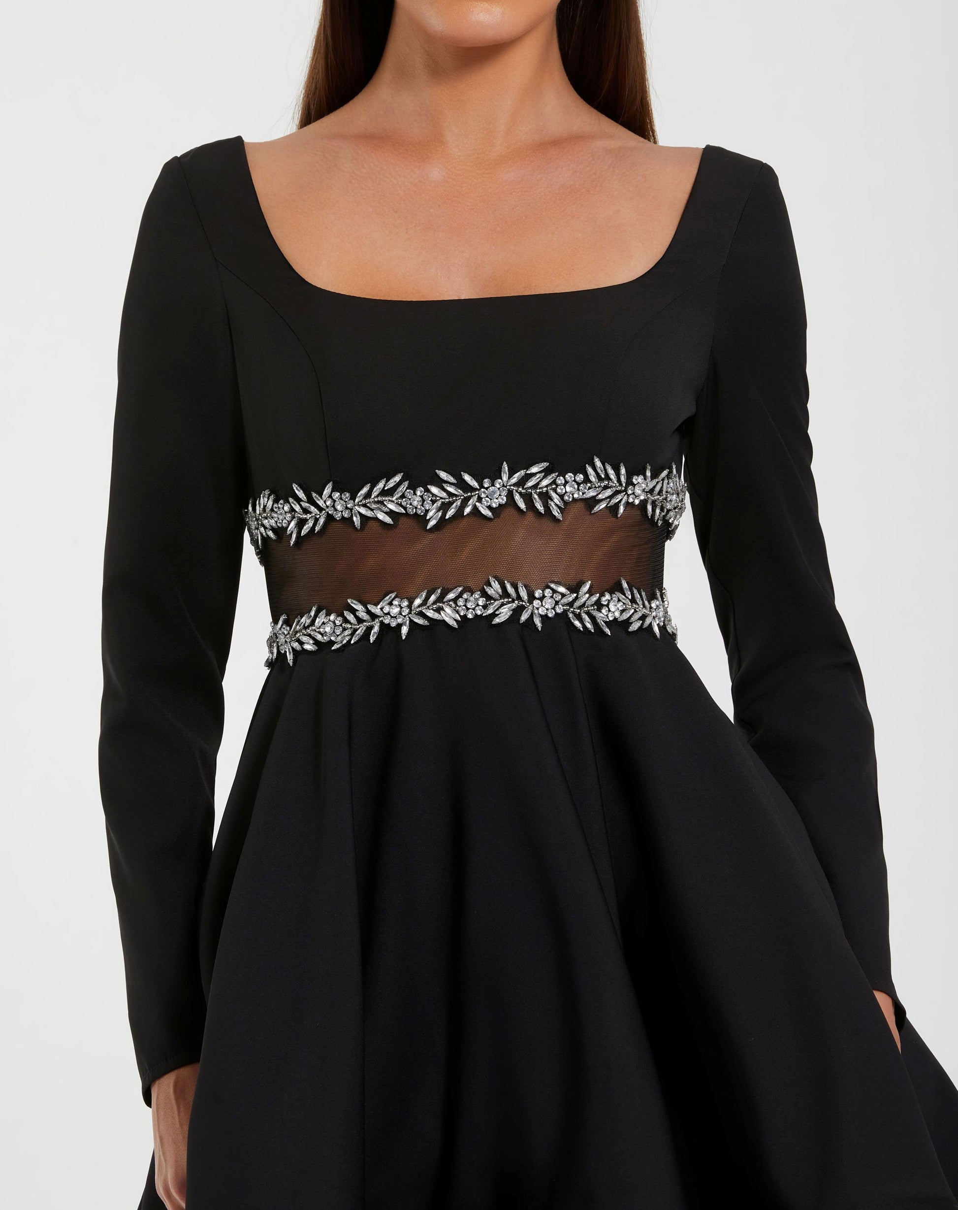 Black Long Sleeve Crepe Mini Dress With Jewel Detail - Ieena for Mac Duggal