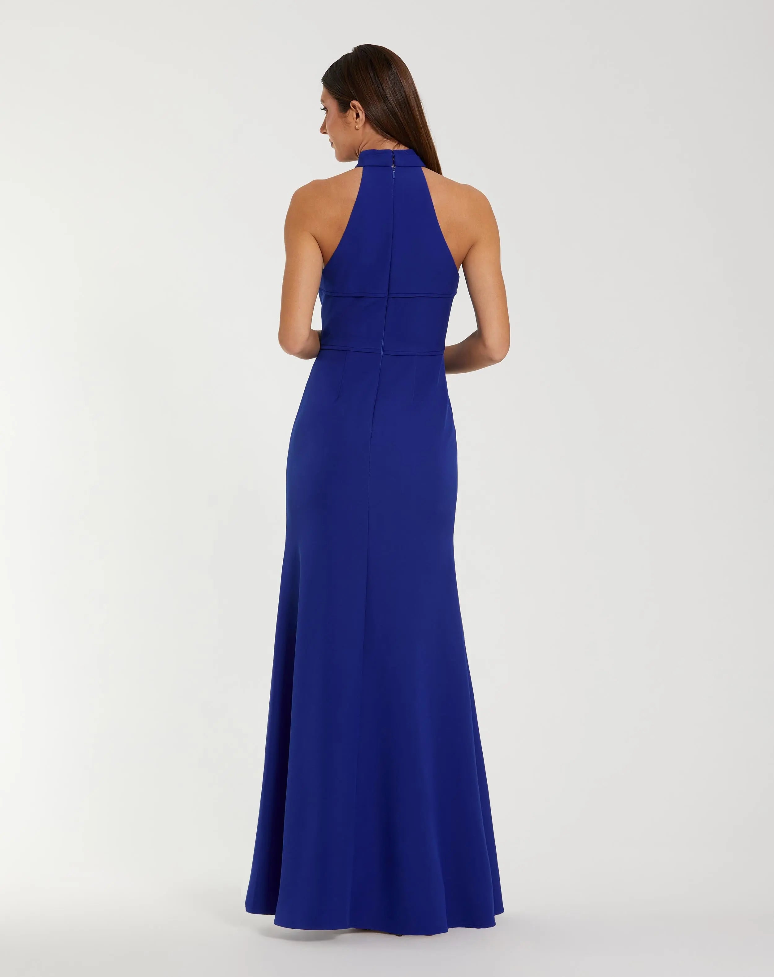 Blue Sleeveless Halter Neck Gown with Rosette Detail | Mac Duggal Blue Sleeveless Halter Neck Gown with Rosette Detail | Mac Duggal