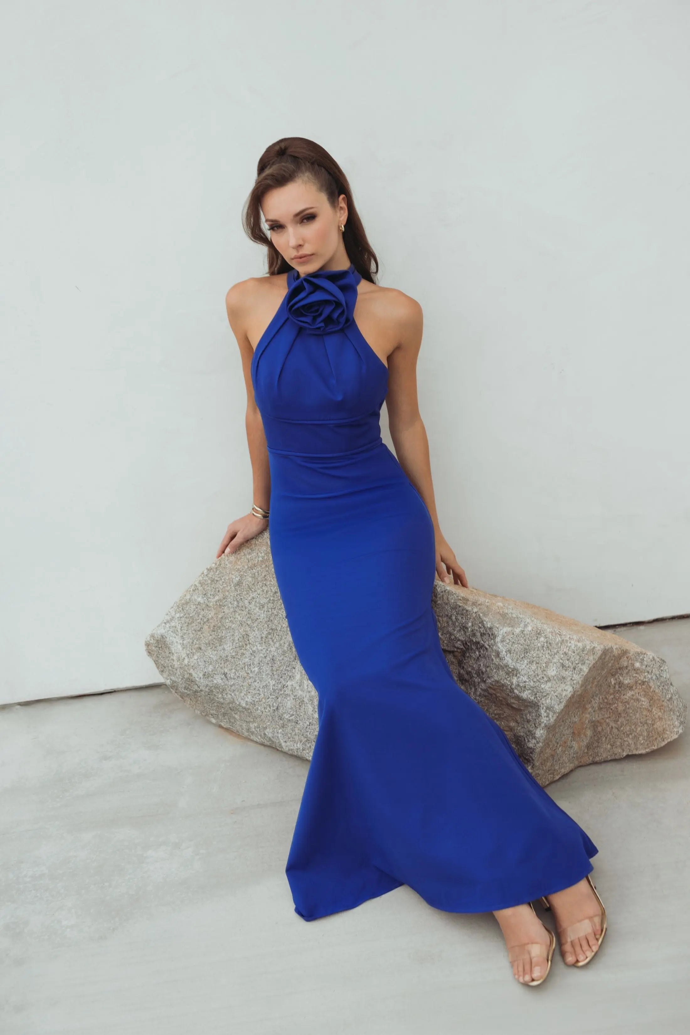 Blue Sleeveless Halter Neck Crepe Gown with Rosette Detail - Ieena for Mac Duggal