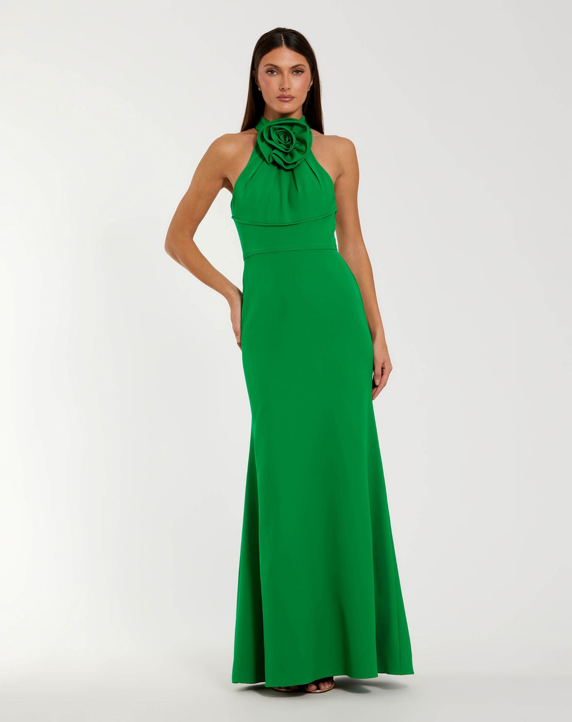 Green Sleeveless Halter Neck Gown with Rosette Detail - Ieena for Mac Duggal