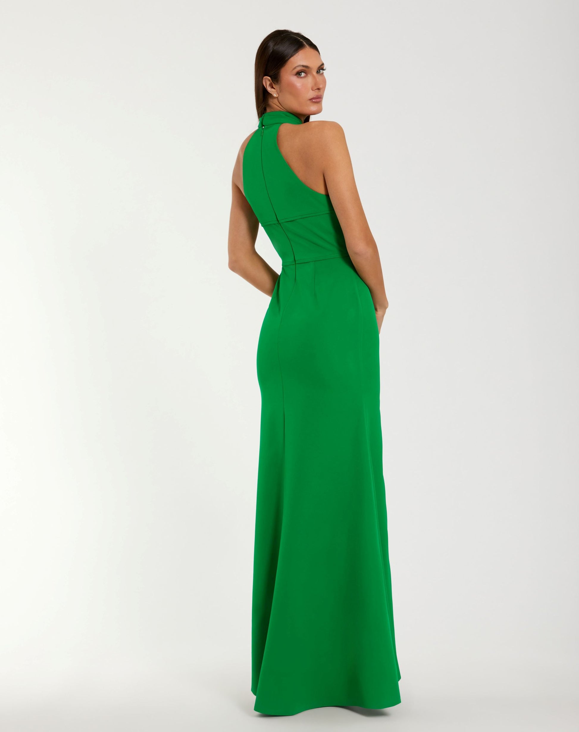 Green Sleeveless Halter Neck Gown with Rosette Detail - Ieena for Mac Duggal