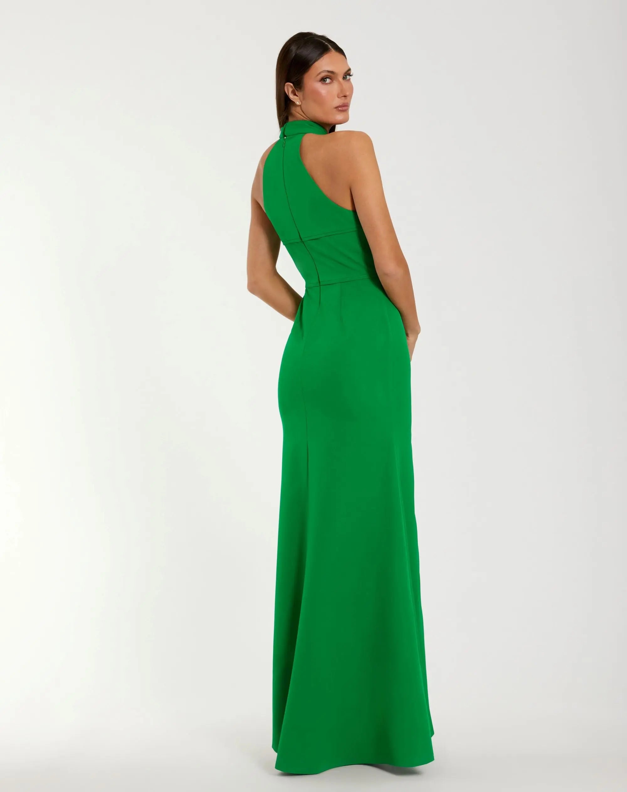 Green Sleeveless Halter Neck Gown with Rosette Detail - Ieena for Mac Duggal