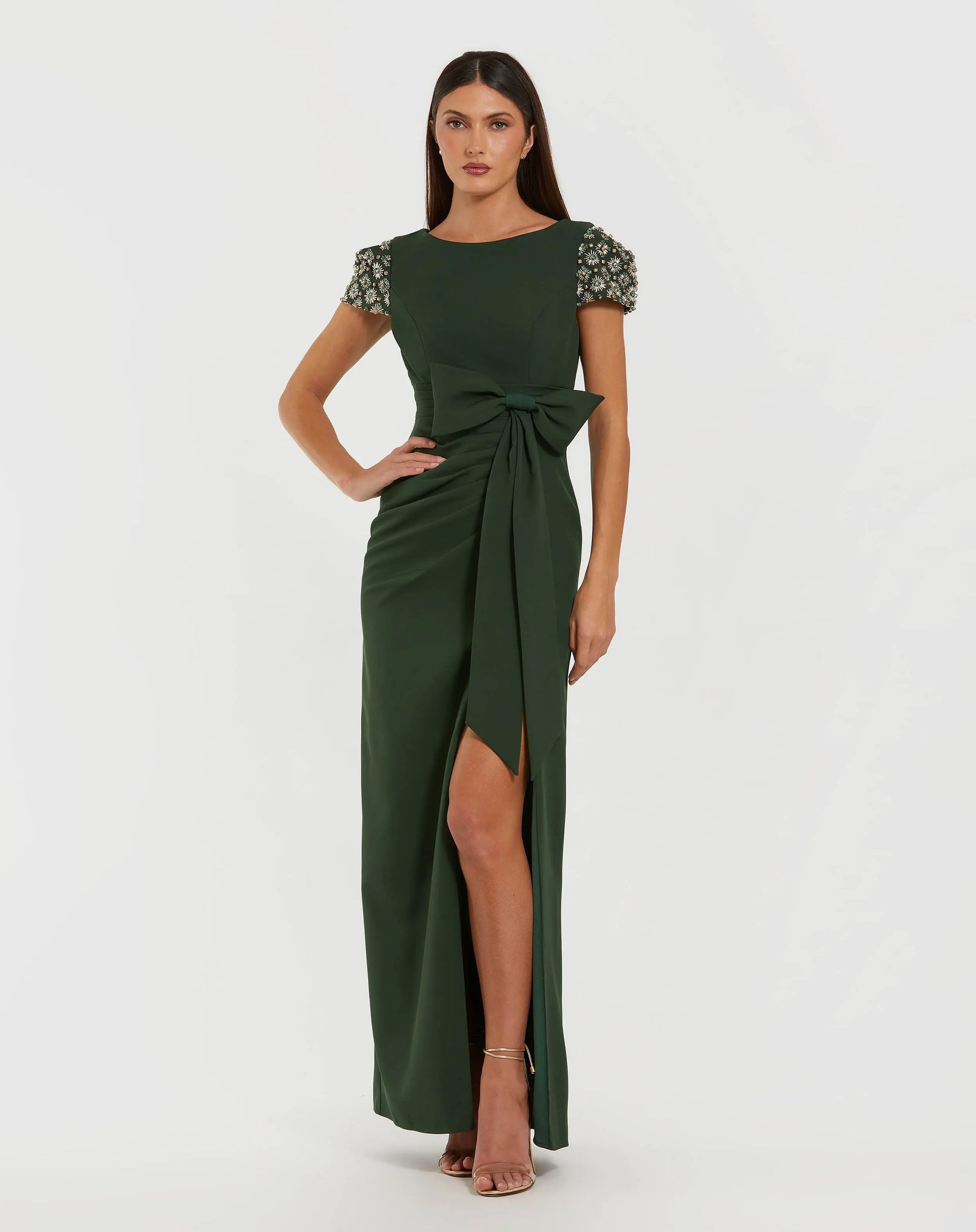 Dark Green Beaded Cap Sleeve Crepe Gown With Bow and slit | Mac Duggal Dark Green Beaded Cap Sleeve Crepe Gown With Bow and slit | Mac Duggal