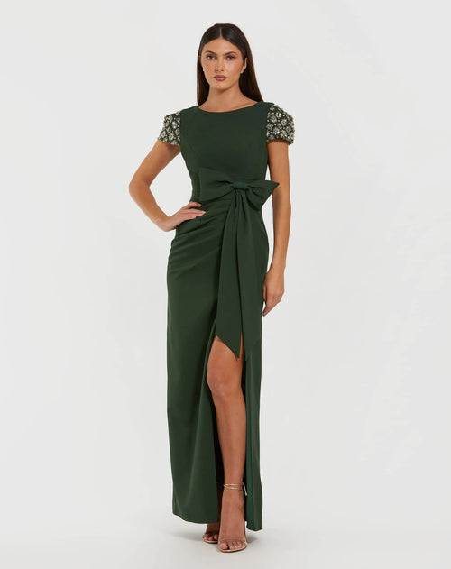 Dark Green Beaded Cap Sleeve Crepe Gown With Bow and slit - Ieena for Mac Duggal