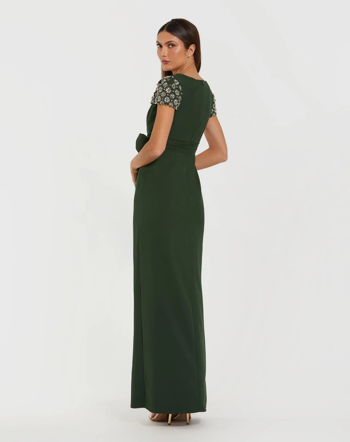 Dark Green Beaded Cap Sleeve Crepe Gown With Bow and slit - Ieena for Mac Duggal