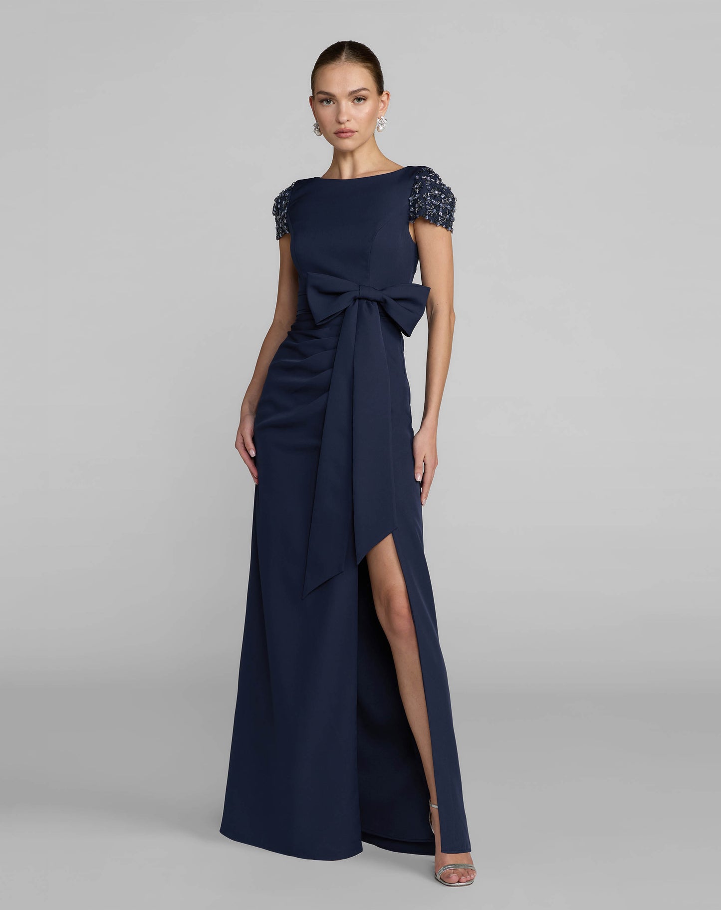 Navy Beaded Cap Sleeve Crepe Gown With Bow and Slit - Ieena for Mac Duggal