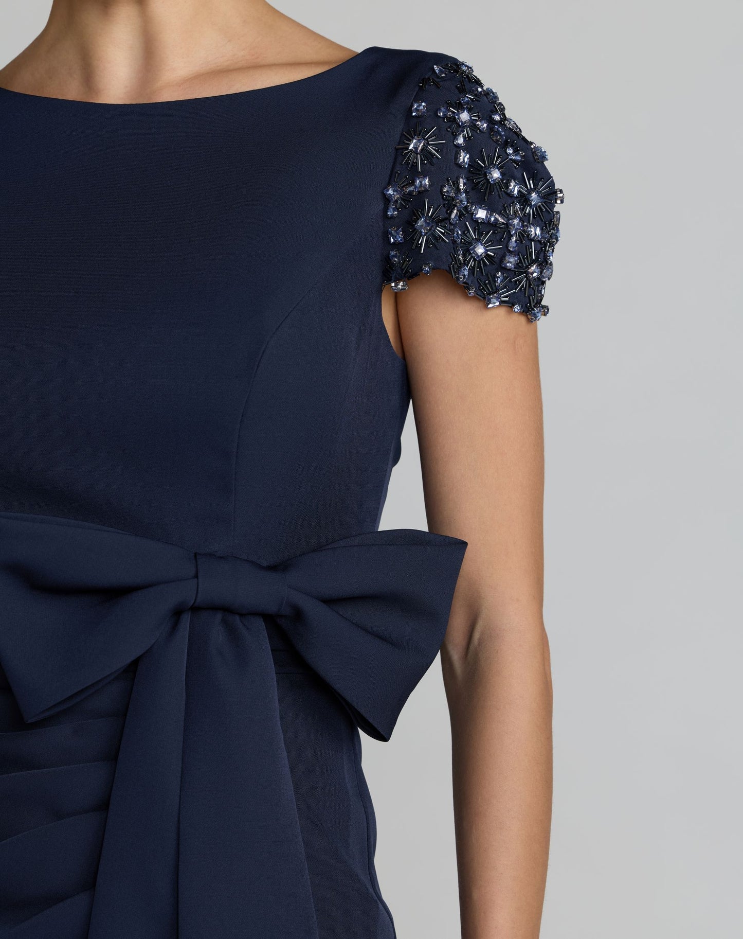 Navy Beaded Cap Sleeve Crepe Gown With Bow and Slit - Ieena for Mac Duggal