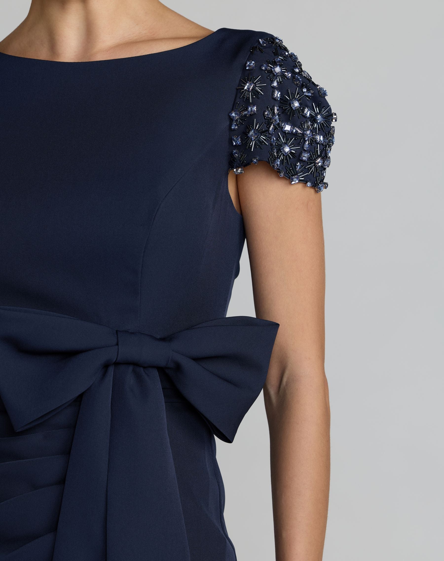 Navy Beaded Cap Sleeve Crepe Gown With Bow and Slit - Ieena for Mac Duggal