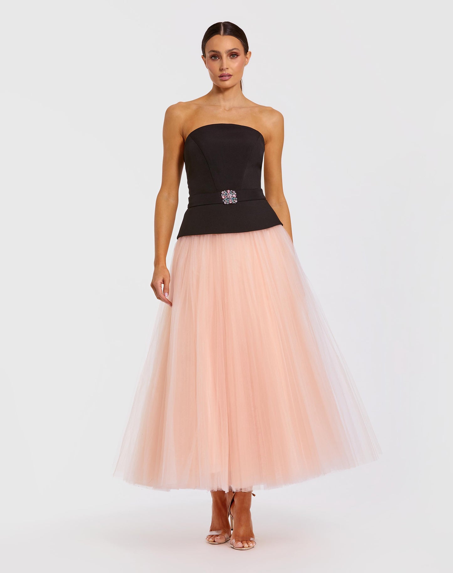Black and Pink Strapless Midi Dress With Tulle Skirt - Ieena for Mac Duggal