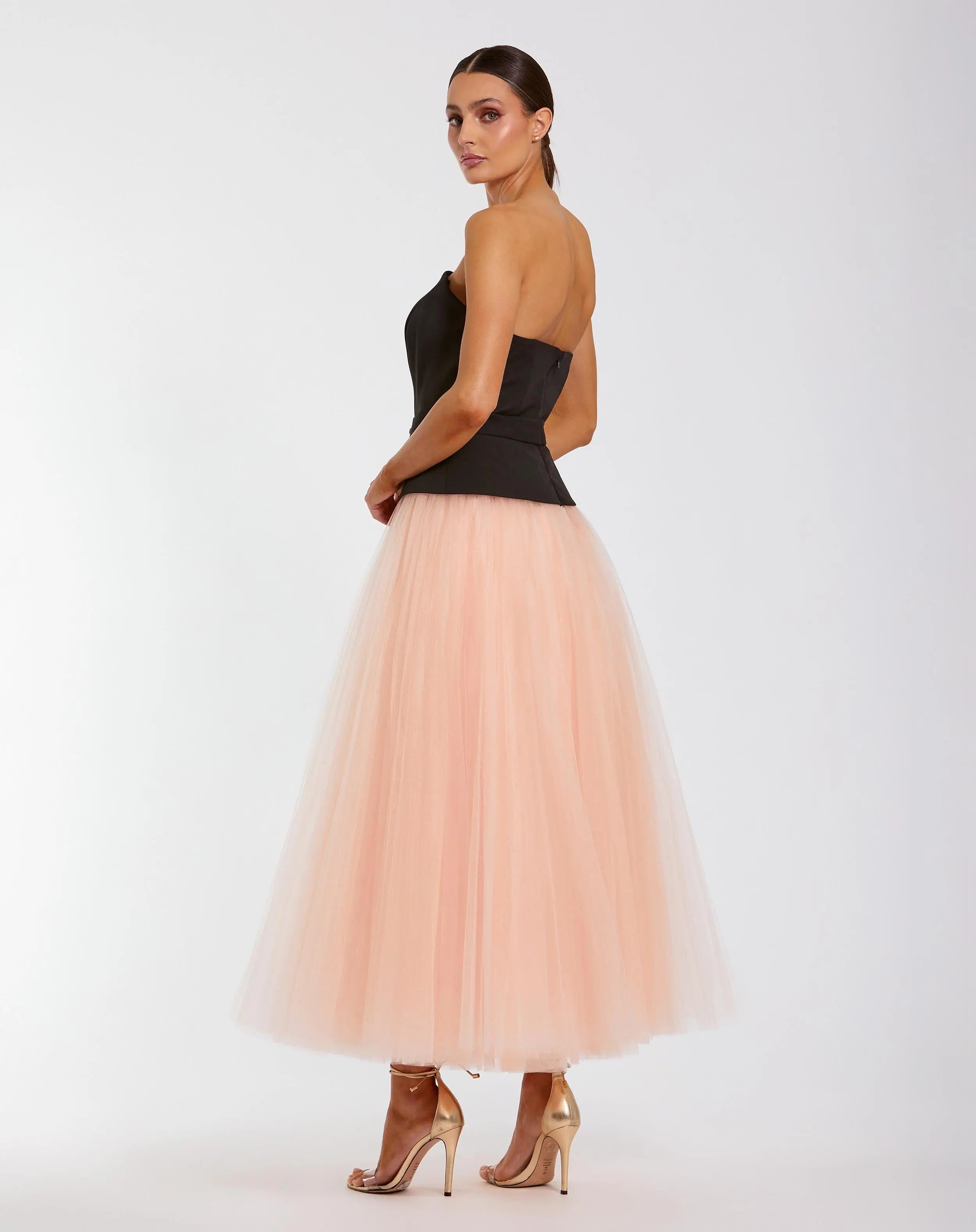Black and Pink Strapless Midi Dress With Tulle Skirt - Ieena for Mac Duggal
