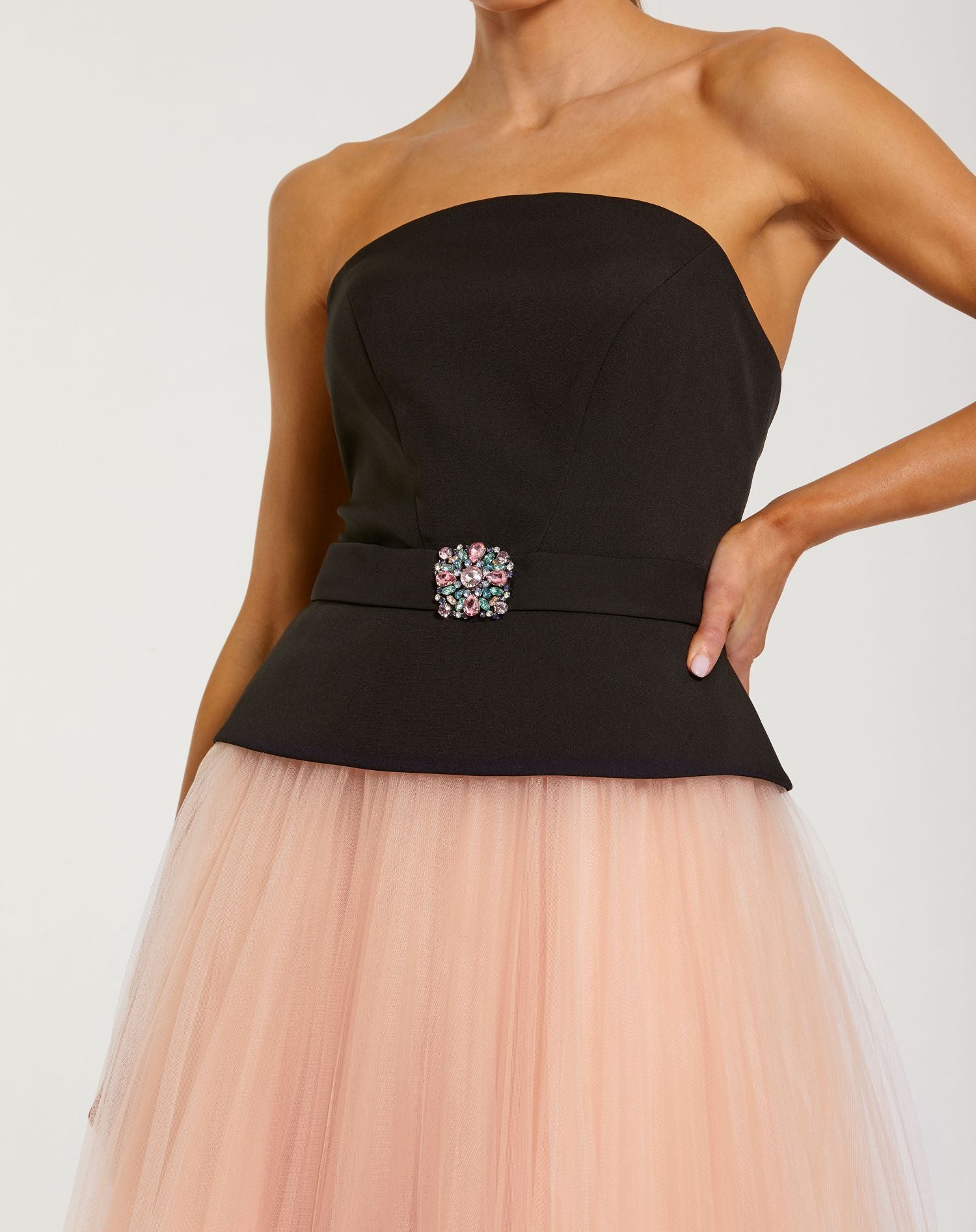Black and Pink Strapless Midi Dress With Tulle Skirt - Ieena for Mac Duggal