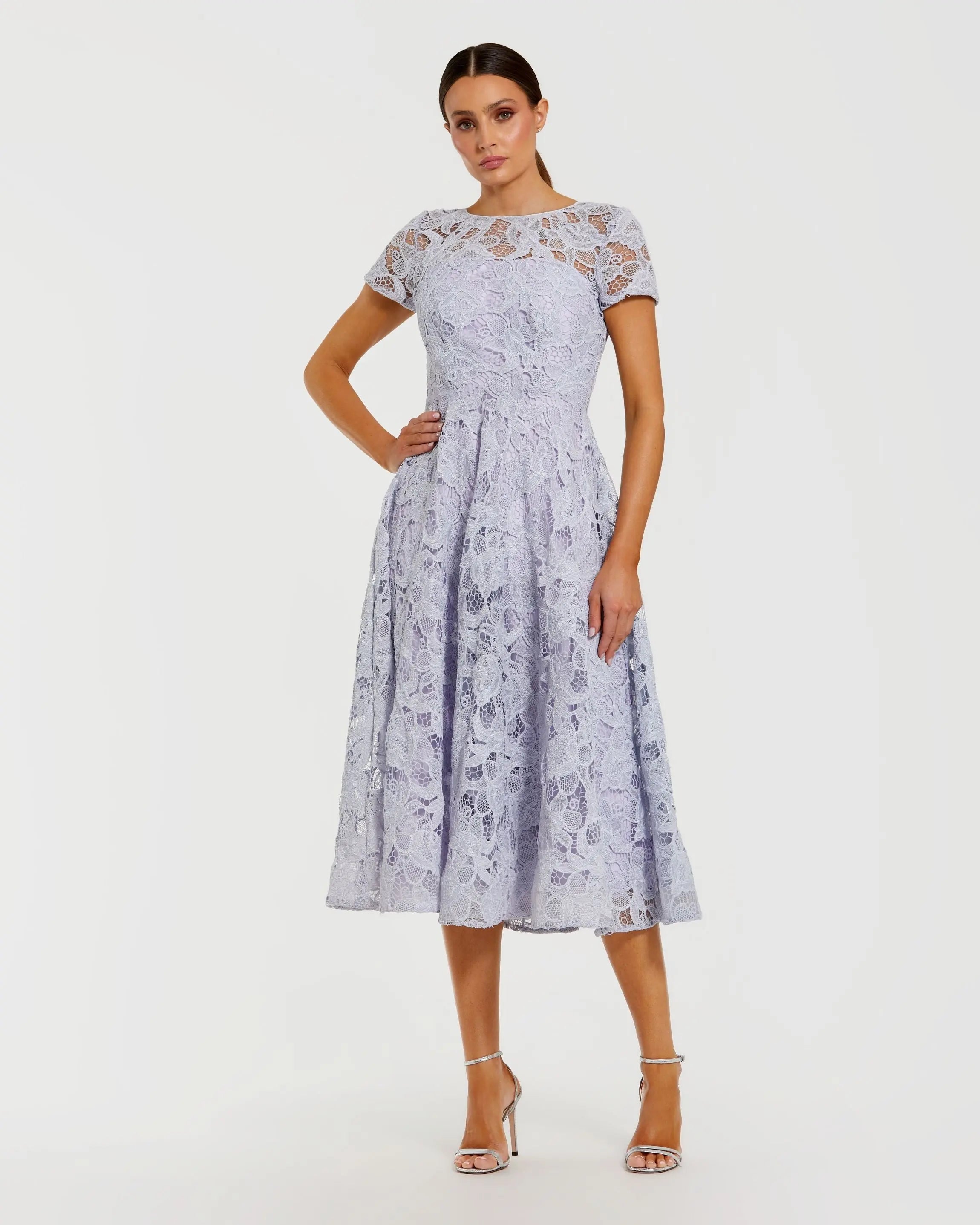 Pink Floral Embroidered High Neck Midi Dress