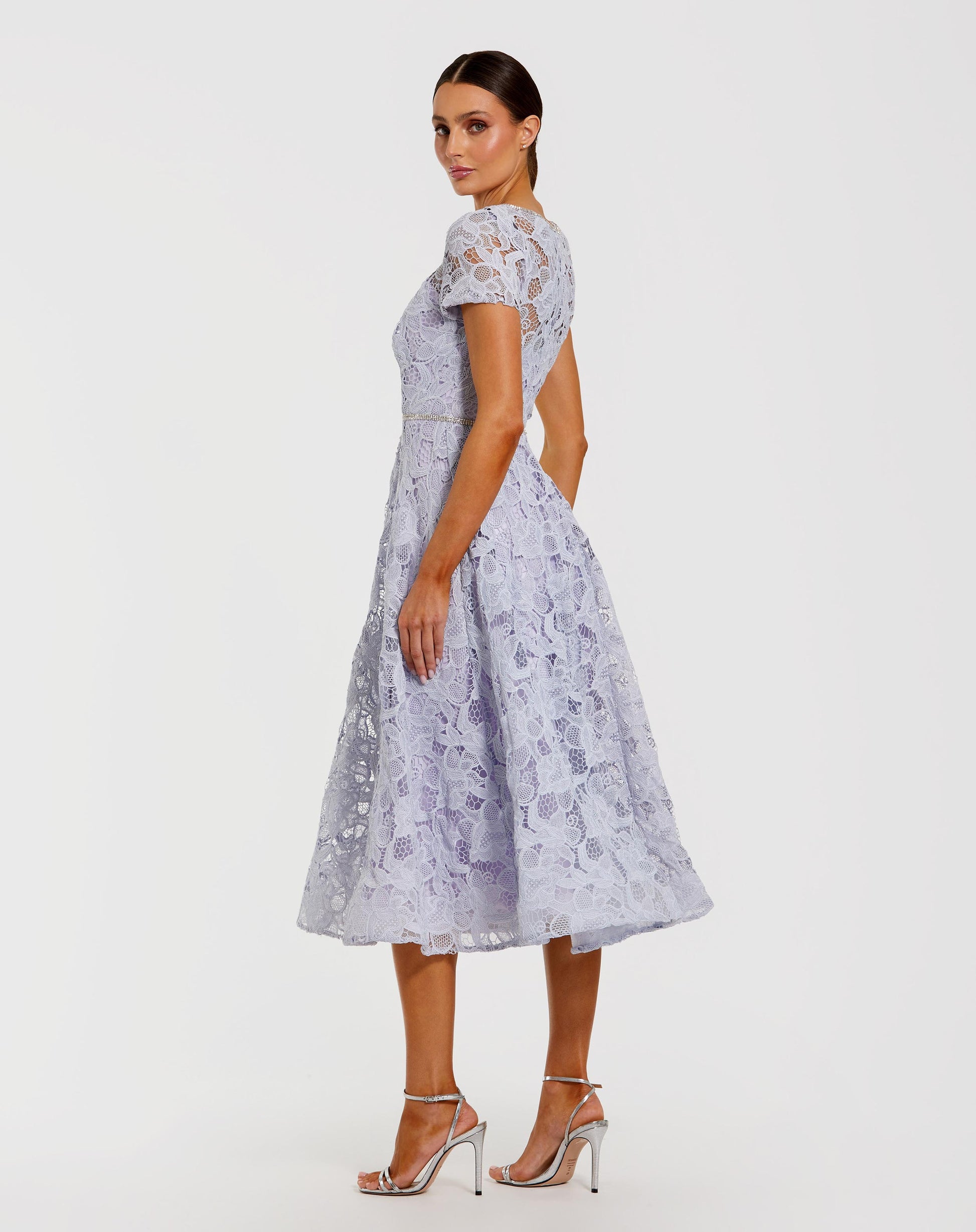 Purple Embellished Lace Short Sleeve Midi Dress Ieena for Mac Duggal