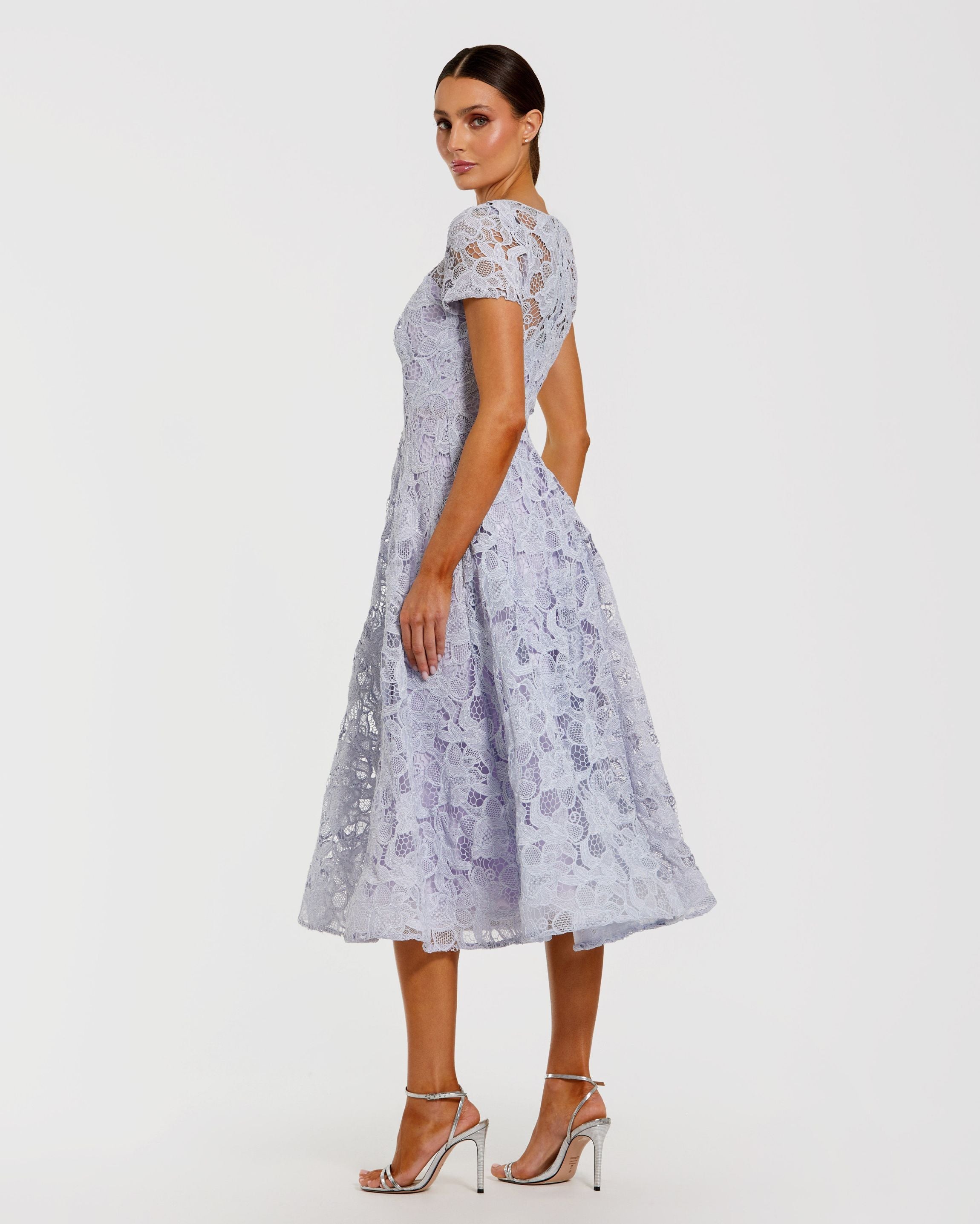 Purple Lace Short Sleeve Midi Dress Ieena for Mac Duggal