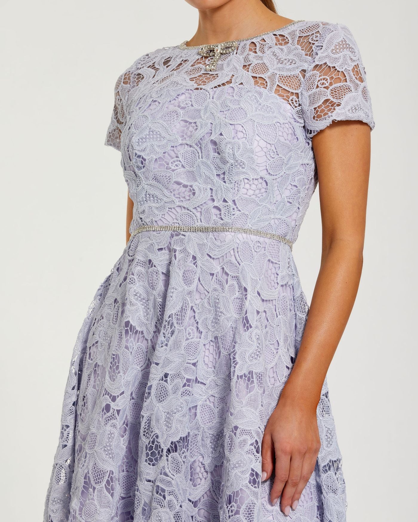 Purple Embellished Lace Short Sleeve Midi Dress Ieena for Mac Duggal