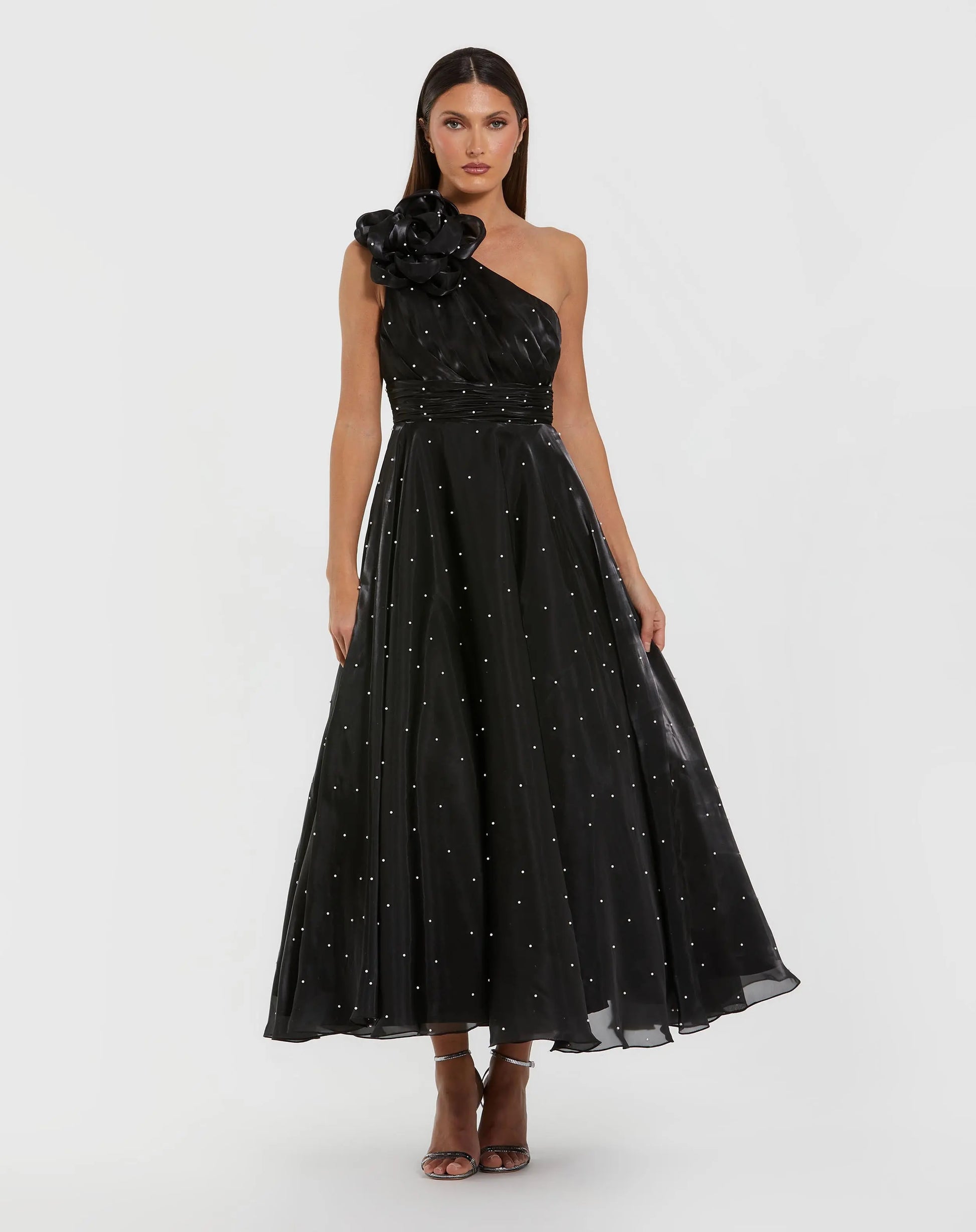 Black Pearl Embellished One Shoulder Organza Midi Dress | Mac Duggal Black Pearl Embellished One Shoulder Organza Midi Dress | Mac Duggal