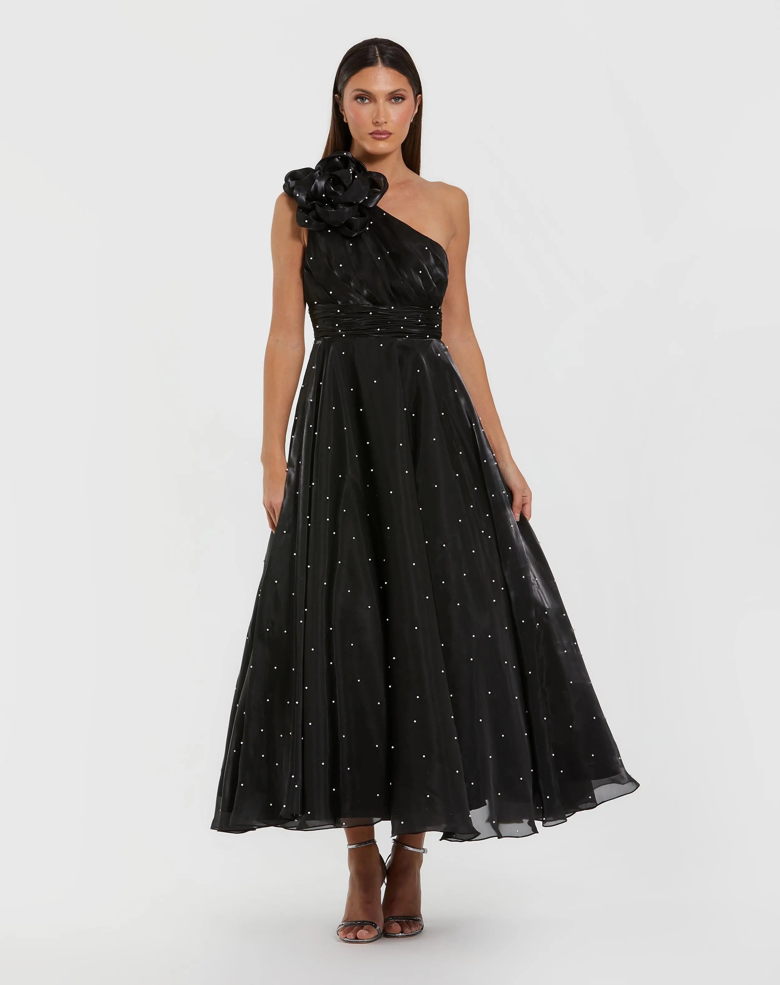 Black Pearl Embellished One Shoulder Organza Midi Dress - Ieena for Mac Duggal