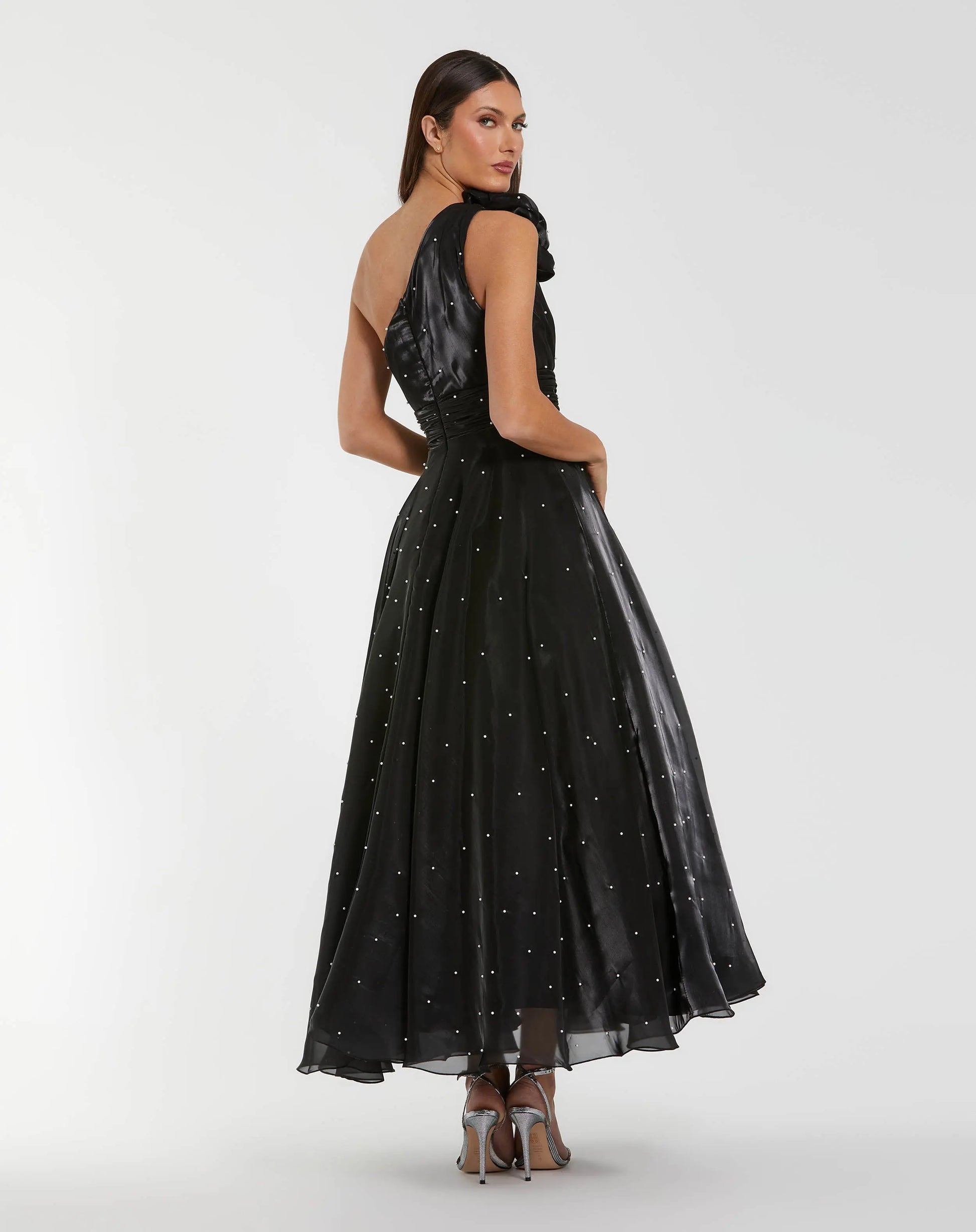 Black Pearl Embellished One Shoulder Organza Midi Dress | Mac Duggal Black Pearl Embellished One Shoulder Organza Midi Dress | Mac Duggal