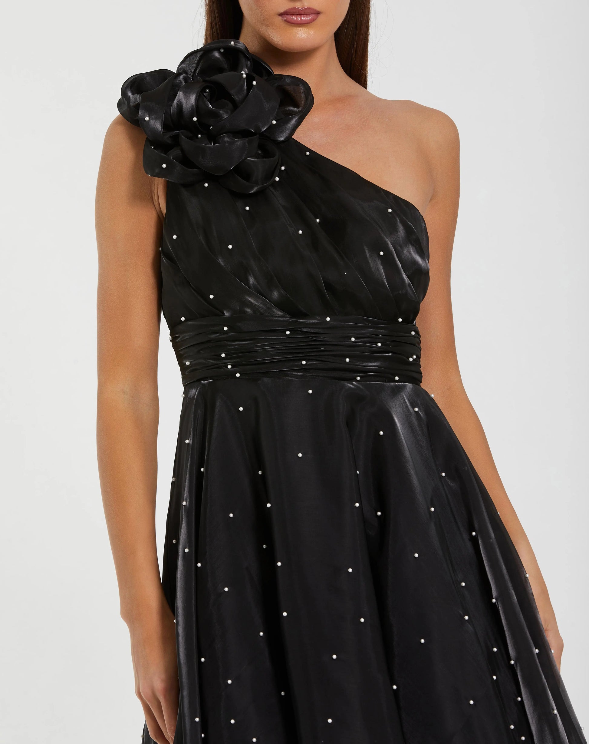 Mac Duggal Pearl Beaded Organza One Shoulder Midi Dress, Womens, 8, Black Ivory Mac Duggal Pearl Beaded Organza One Shoulder Midi Dress, Womens, 8, Black Ivory