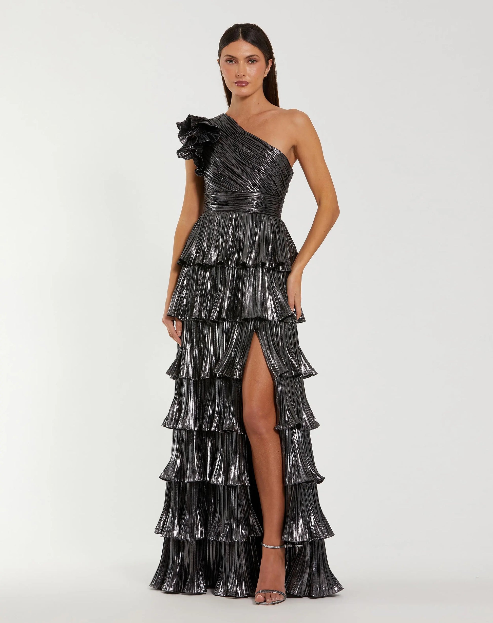 Dark Gray Pleated Metallic Ruffled One Shoulder Gown - Ieena for Mac Duggal