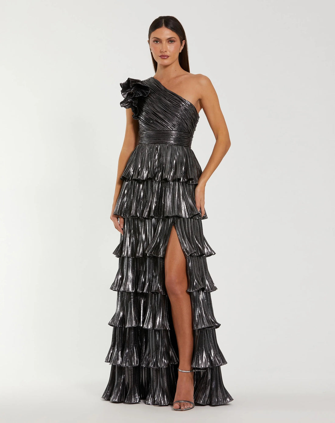 Dark Gray Pleated Metallic Ruffled One Shoulder Gown | Mac Duggal Dark Gray Pleated Metallic Ruffled One Shoulder Gown | Mac Duggal