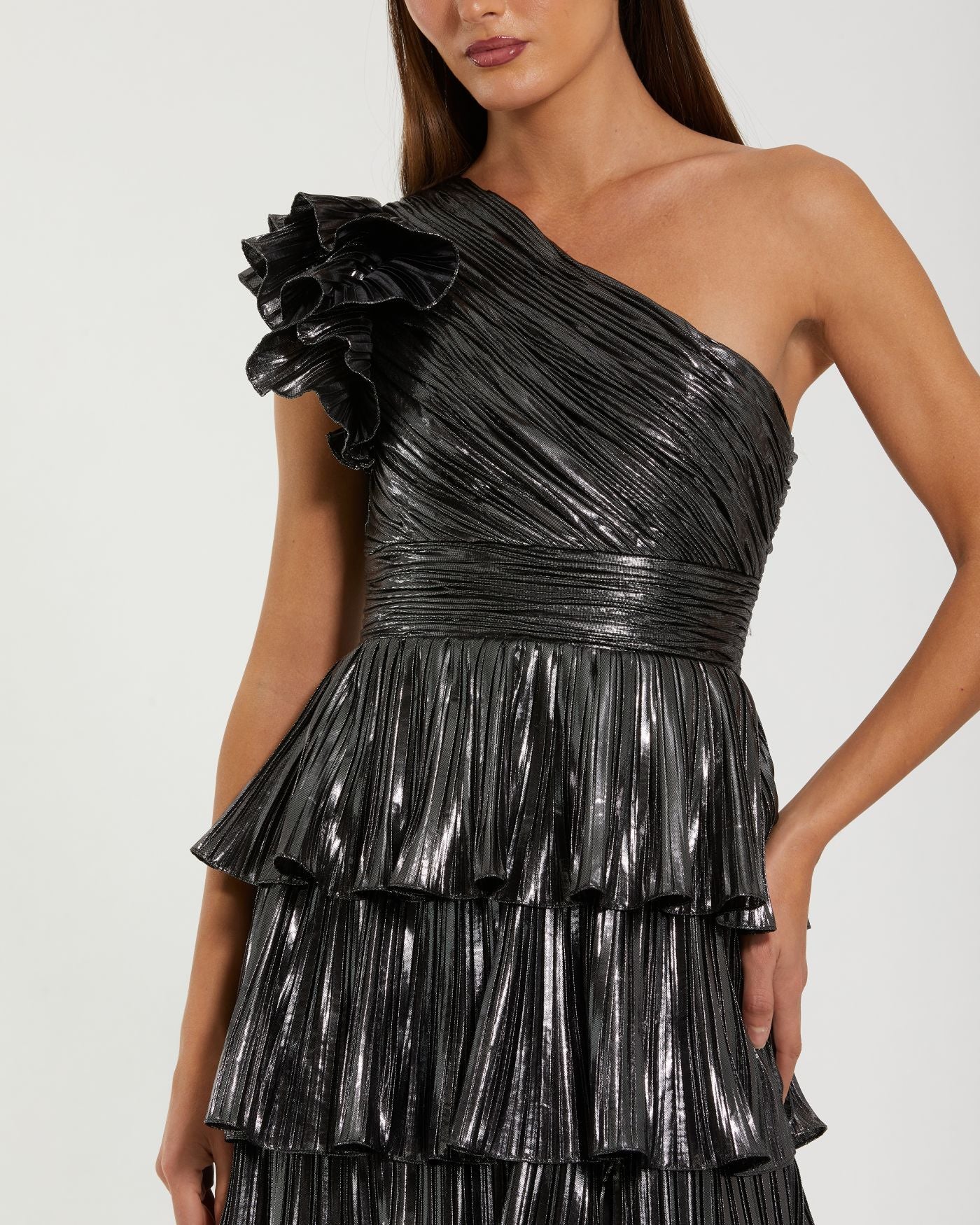 Dark Gray Pleated Metallic Ruffled One Shoulder Gown - Ieena for Mac Duggal